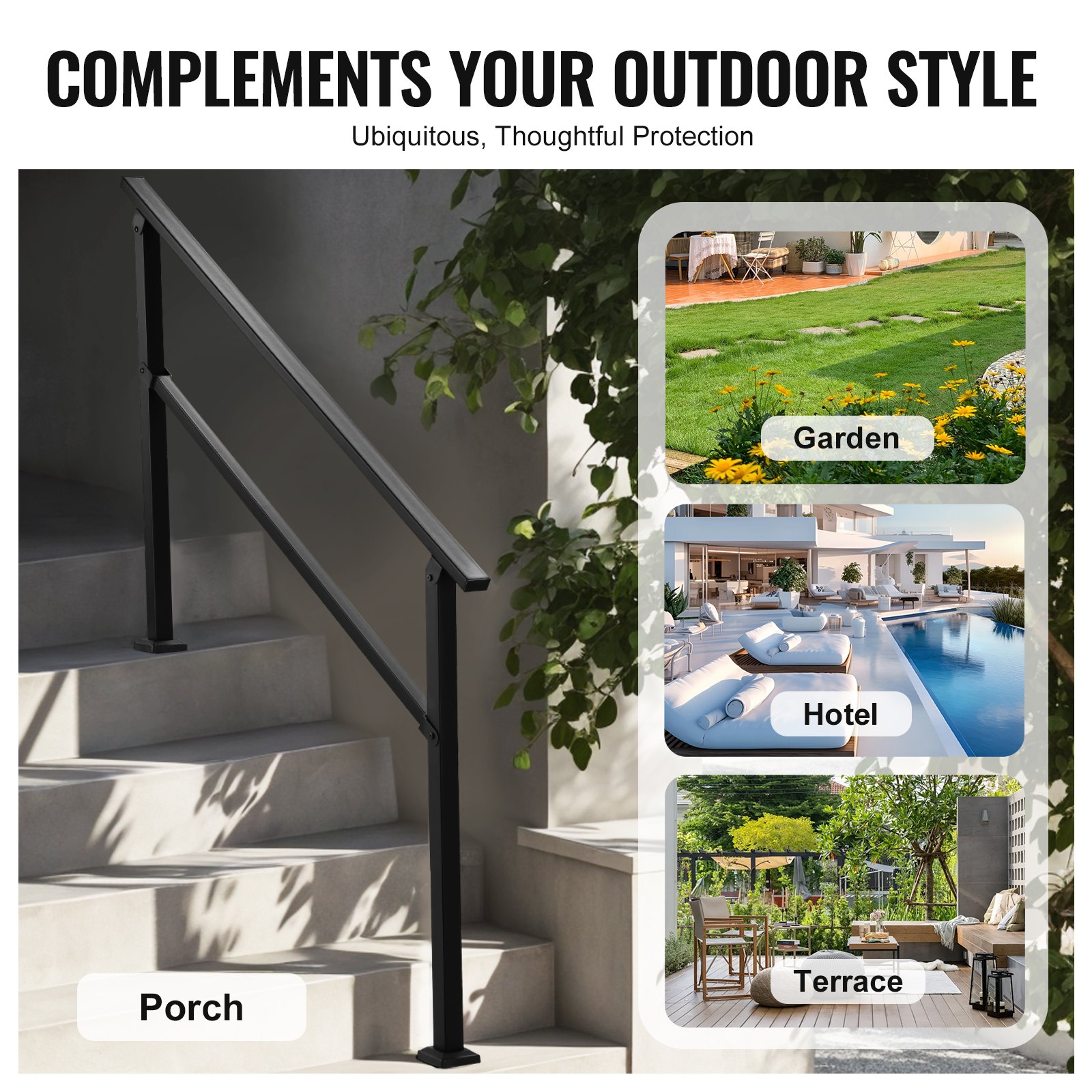 VEVOR Pasamanos de Exterior para Escalera Kit de Barandilla para 4 a 5 Escalones Tubo Cuadrado con Barra Horizontal Rieles de Soporte de Acero al Carbono para Escaleras de Hormigón, Terraza, Negro