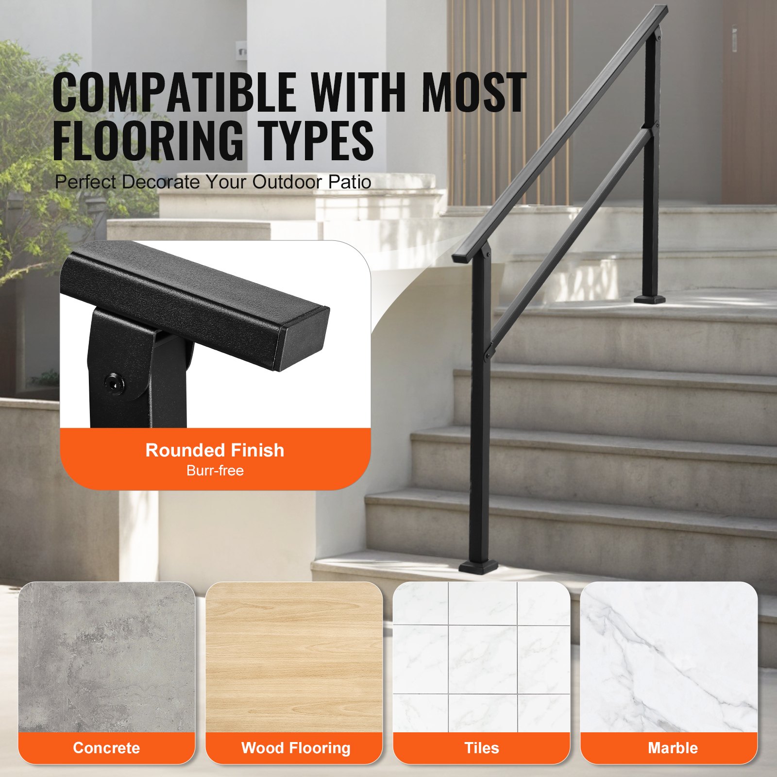 VEVOR Pasamanos de Exterior para Escalera Kit de Barandilla para 4 a 5 Escalones Tubo Cuadrado con Barra Horizontal Rieles de Soporte de Acero al Carbono para Escaleras de Hormigón, Terraza, Negro