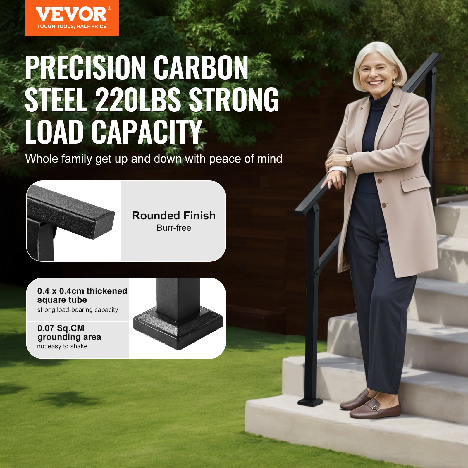 VEVOR Pasamanos de Exterior para Escalera Kit de Barandilla para 4 a 5 Escalones Tubo Cuadrado con Barra Horizontal Rieles de Soporte de Acero al Carbono para Escaleras de Hormigón, Terraza, Negro