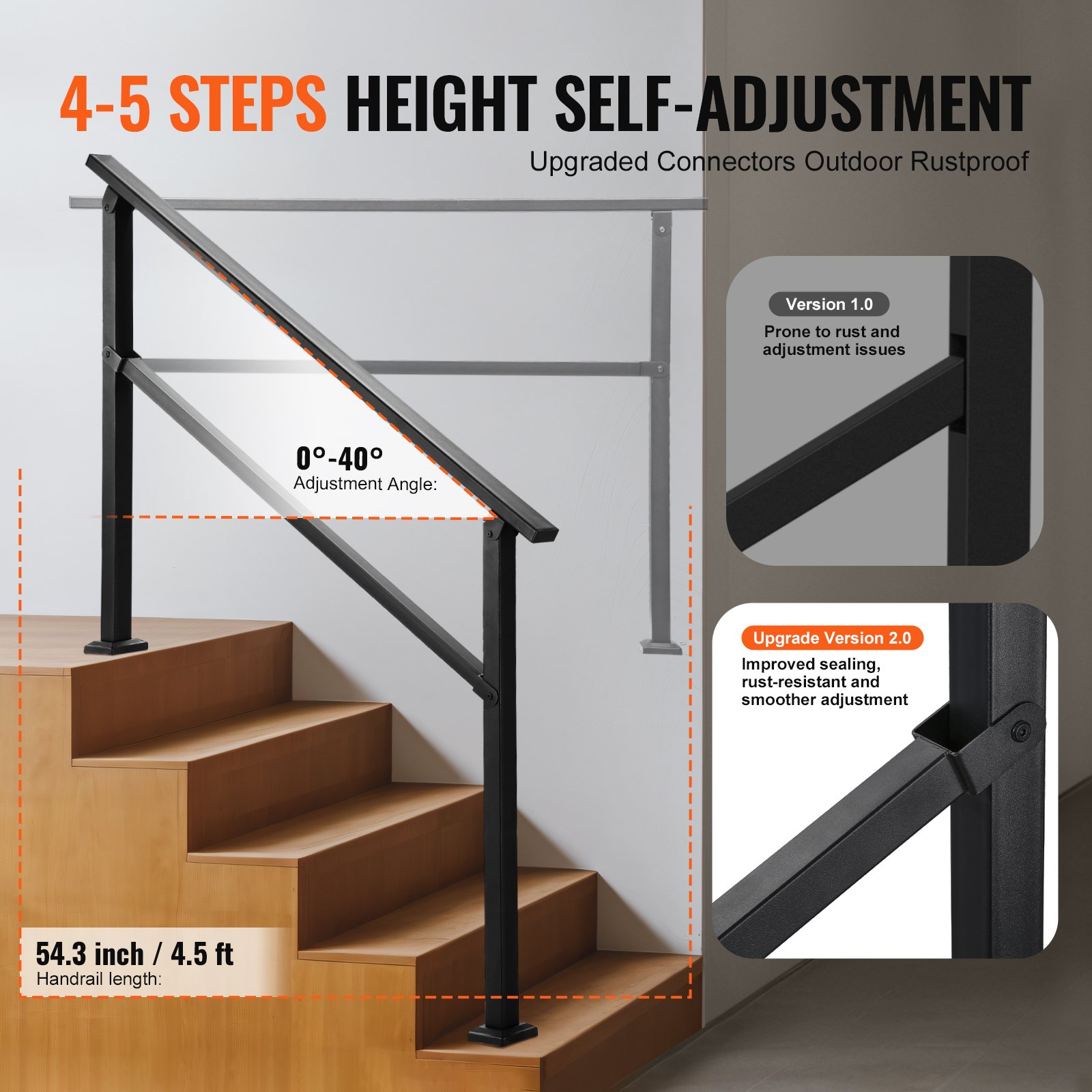 VEVOR Pasamanos de Exterior para Escalera Kit de Barandilla para 4 a 5 Escalones Tubo Cuadrado con Barra Horizontal Rieles de Soporte de Acero al Carbono para Escaleras de Hormigón, Terraza, Negro