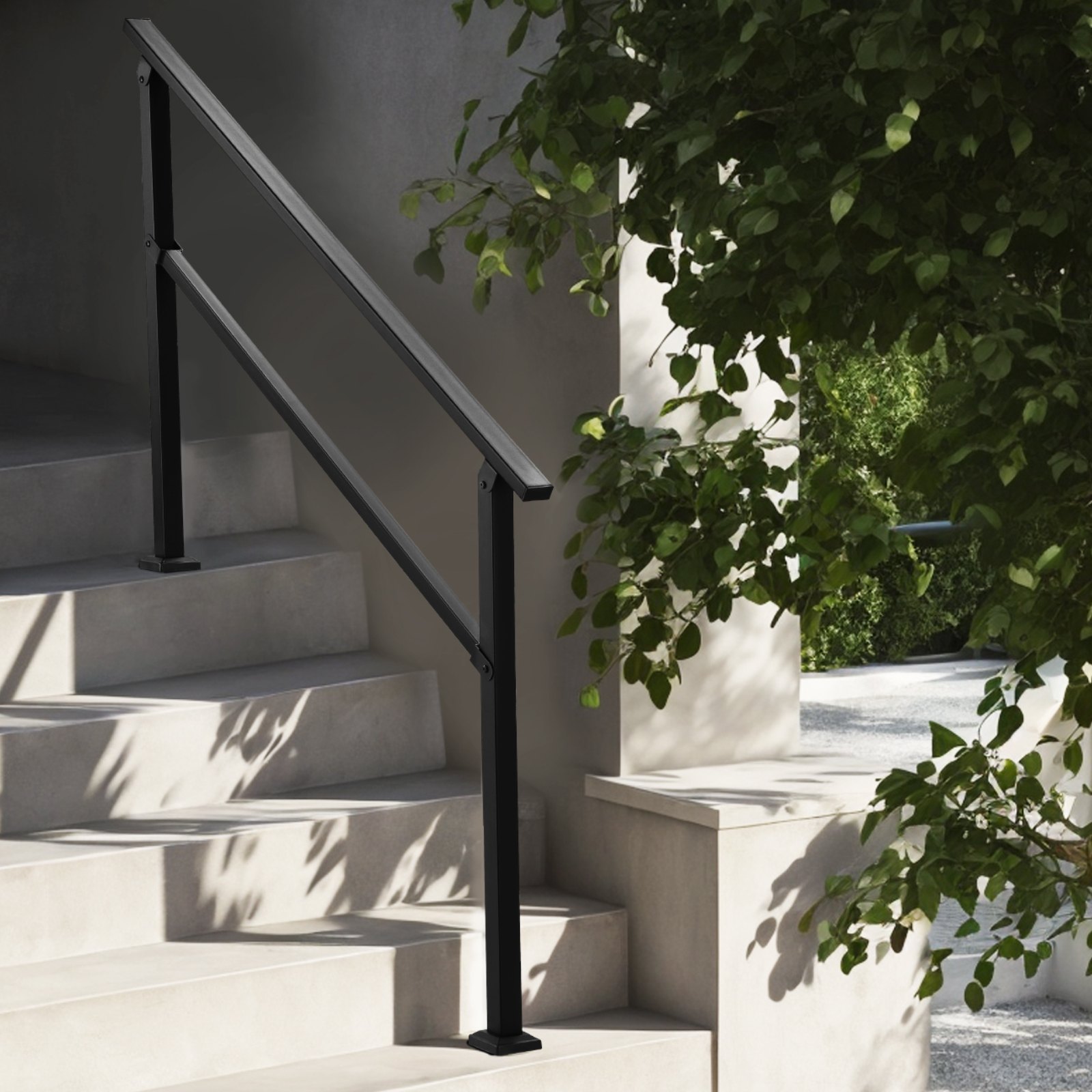 VEVOR Pasamanos de Exterior para Escalera Kit de Barandilla para 4 a 5 Escalones Tubo Cuadrado con Barra Horizontal Rieles de Soporte de Acero al Carbono para Escaleras de Hormigón, Terraza, Negro