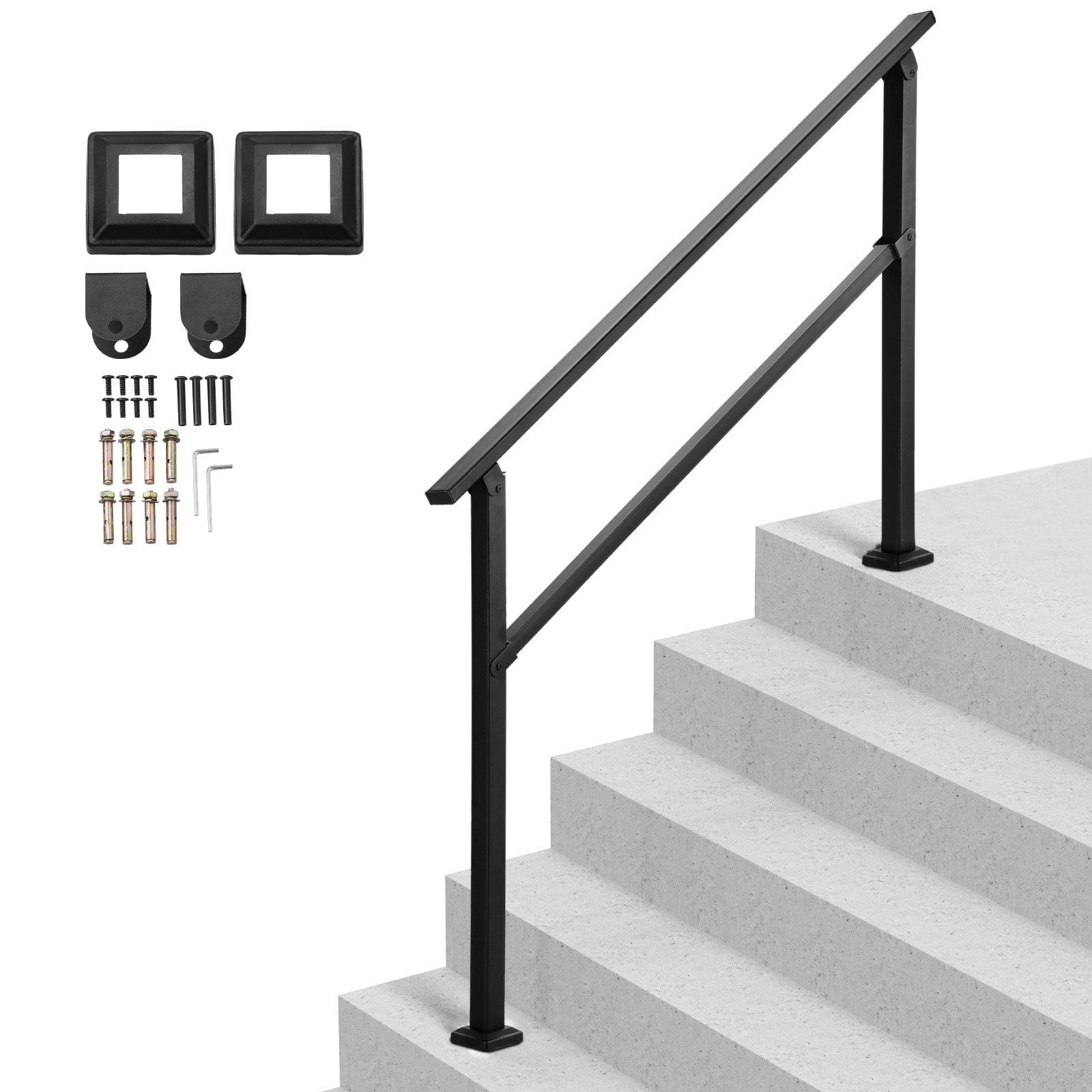 VEVOR Pasamanos de Exterior para Escalera Kit de Barandilla para 4 a 5 Escalones Tubo Cuadrado con Barra Horizontal Rieles de Soporte de Acero al Carbono para Escaleras de Hormigón, Terraza, Negro