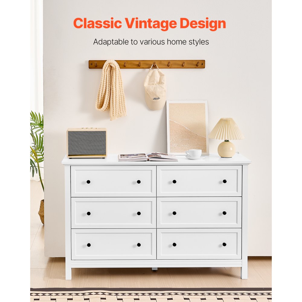 VEVOR Cómoda de 6 Cajones de Madera 39,6 x 120,1 x 78,7 cm con Sistema de Deslizamiento y Antivuelco Estilo Retro Minimalista Ideal para Guardar TV para Sala de Estar, Pasillo y Entrada, Blanco