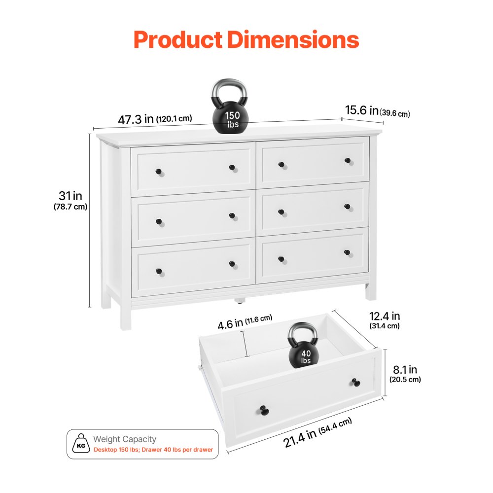 VEVOR Cómoda de 6 Cajones de Madera 39,6 x 120,1 x 78,7 cm con Sistema de Deslizamiento y Antivuelco Estilo Retro Minimalista Ideal para Guardar TV para Sala de Estar, Pasillo y Entrada, Blanco