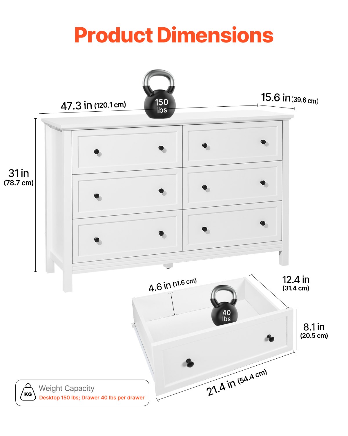 VEVOR Cómoda de 6 Cajones de Madera 39,6 x 120,1 x 78,7 cm con Sistema de Deslizamiento y Antivuelco Estilo Retro Minimalista Ideal para Guardar TV para Sala de Estar, Pasillo y Entrada, Blanco