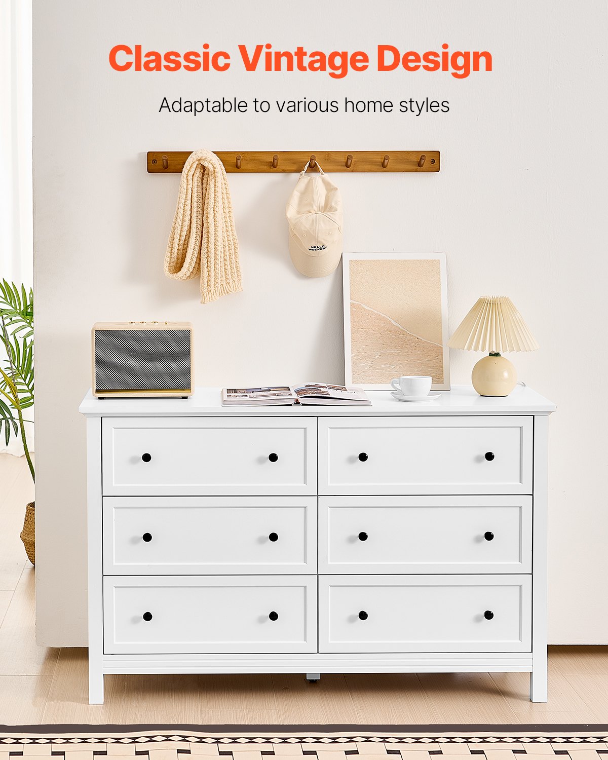 VEVOR Cómoda de 6 Cajones de Madera 39,6 x 120,1 x 78,7 cm con Sistema de Deslizamiento y Antivuelco Estilo Retro Minimalista Ideal para Guardar TV para Sala de Estar, Pasillo y Entrada, Blanco
