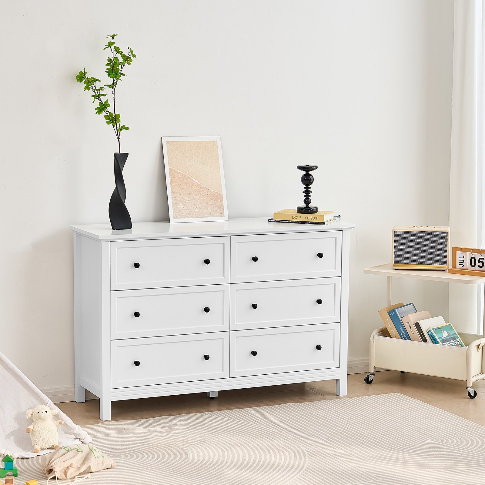 VEVOR Cómoda de 6 Cajones de Madera 39,6 x 120,1 x 78,7 cm con Sistema de Deslizamiento y Antivuelco Estilo Retro Minimalista Ideal para Guardar TV para Sala de Estar, Pasillo y Entrada, Blanco