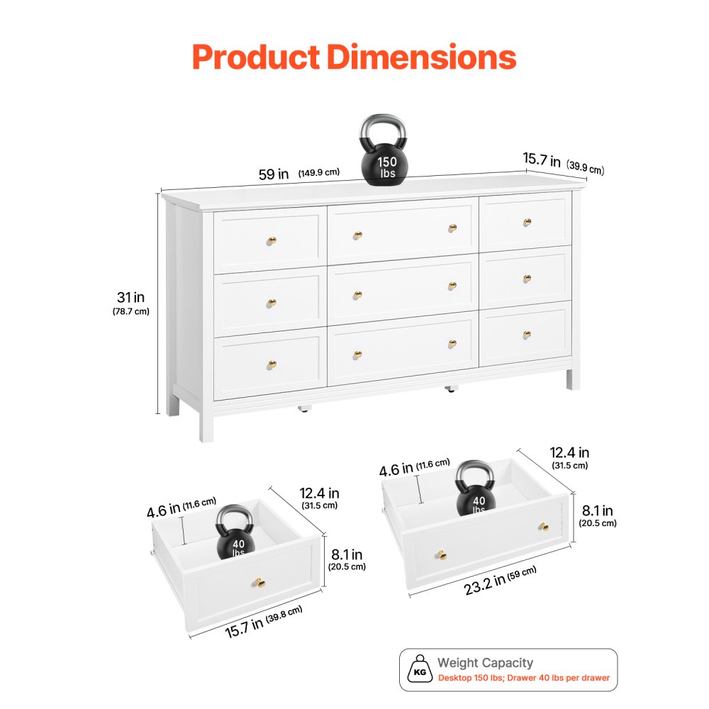VEVOR Cómoda de 9 Cajones de Madera 39,9 x 149,9 x 78,7 cm con Sistema de Deslizamiento y Antivuelco Estilo Retro Minimalista Ideal para Guardar TV para Sala de Estar, Pasillo y Entrada, Blanco