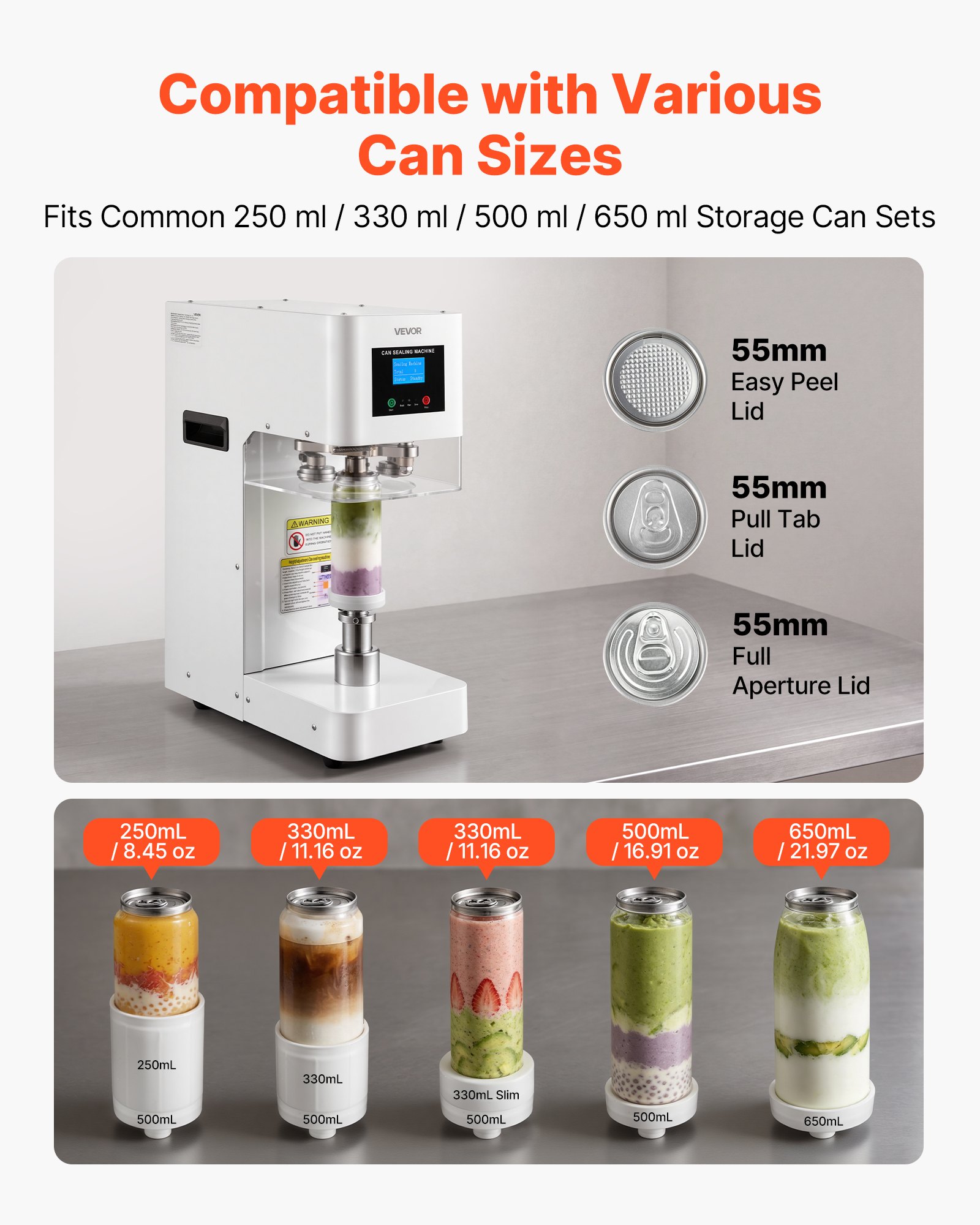 VEVOR Máquina Selladora de Latas de un Toque para 250/330/500/650 ml, Selladora de Latas Automática con Altura Ajustable, Compatible con 3 Tipos de Tapas Bebidas 55 mm, para Refrescos Café Cafetería