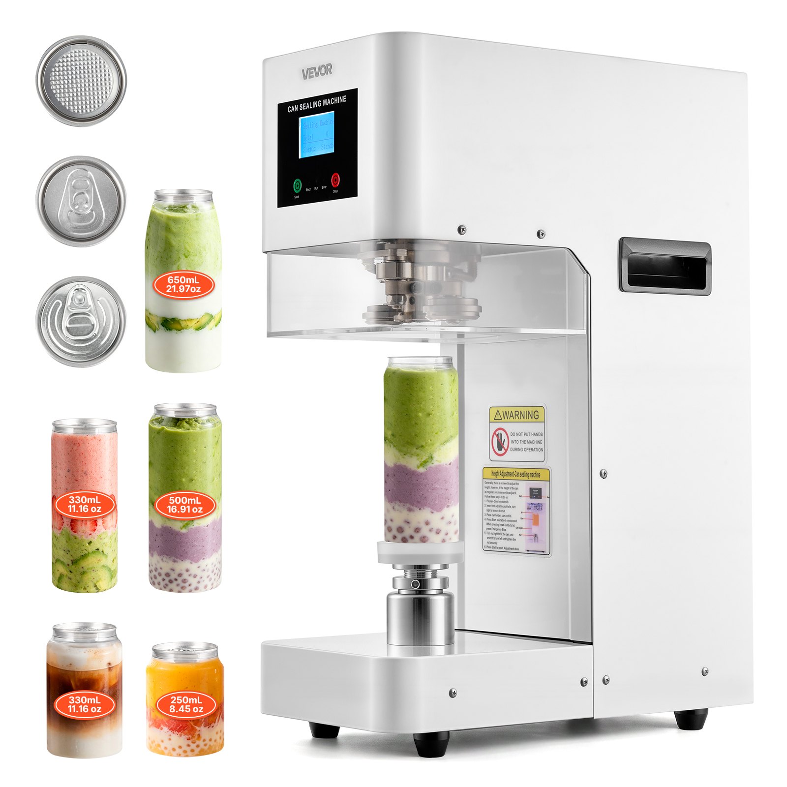 VEVOR Máquina Selladora de Latas de un Toque para 250/330/500/650 ml, Selladora de Latas Automática con Altura Ajustable, Compatible con 3 Tipos de Tapas Bebidas 55 mm, para Refrescos Café Cafetería