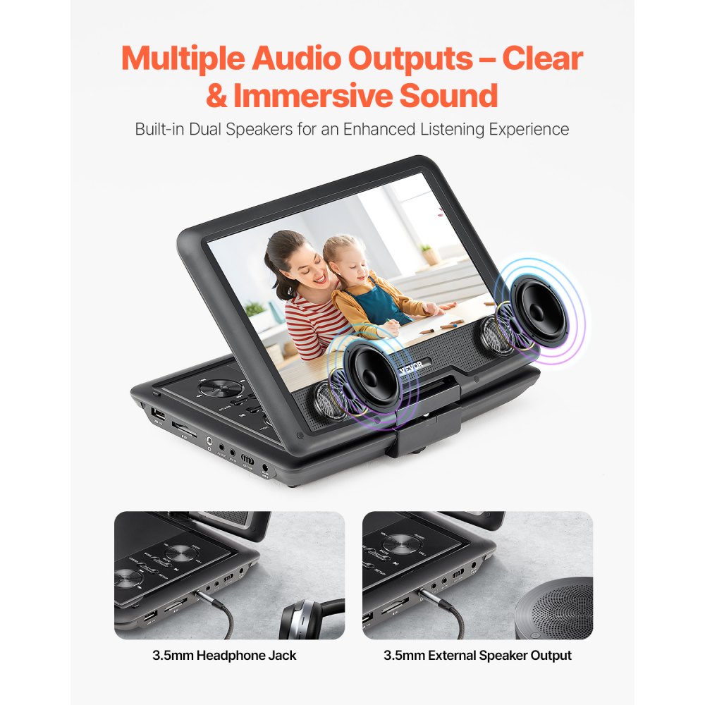 VEVOR Reproductor de DVD Portátil con Pantalla Giratoria de 256 mm, Reproductor de DVD de Viaje con Altavoces Duales, Compatible con Sincronización de TV/USB/Tarjeta SD/CD/DVD, Cargador de Coche