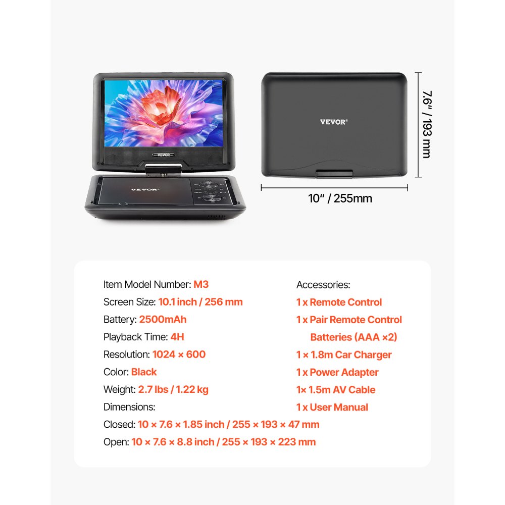VEVOR Reproductor de DVD Portátil con Pantalla Giratoria de 256 mm, Reproductor de DVD de Viaje con Altavoces Duales, Compatible con Sincronización de TV/USB/Tarjeta SD/CD/DVD, Cargador de Coche