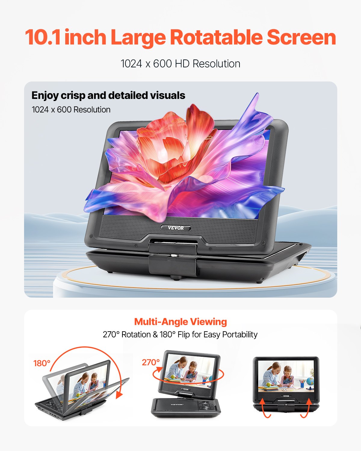 VEVOR Reproductor de DVD Portátil con Pantalla Giratoria de 256 mm, Reproductor de DVD de Viaje con Altavoces Duales, Compatible con Sincronización de TV/USB/Tarjeta SD/CD/DVD, Cargador de Coche
