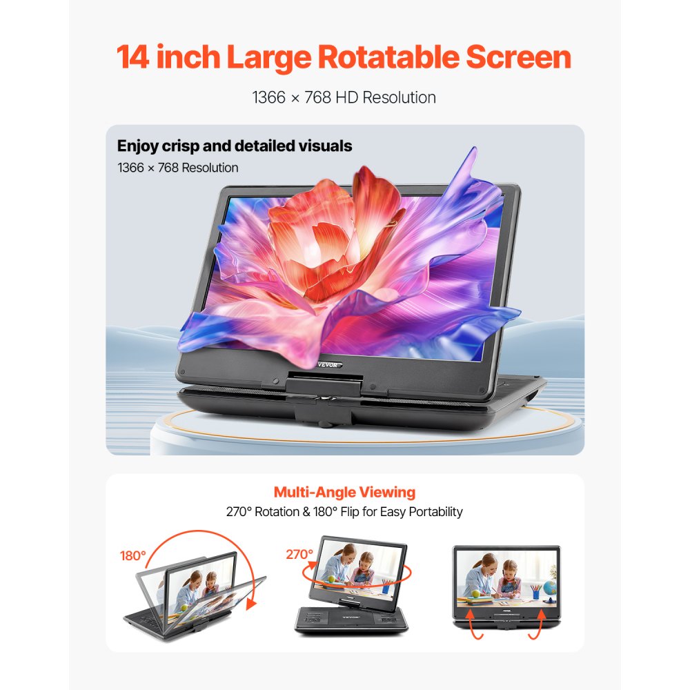 VEVOR Reproductor de DVD Portátil con Pantalla Giratoria de 358 mm, Reproductor de DVD de Viaje con Altavoces Duales, Compatible con Sincronización de TV/USB/Tarjeta SD/CD/DVD, Cargador de Coche