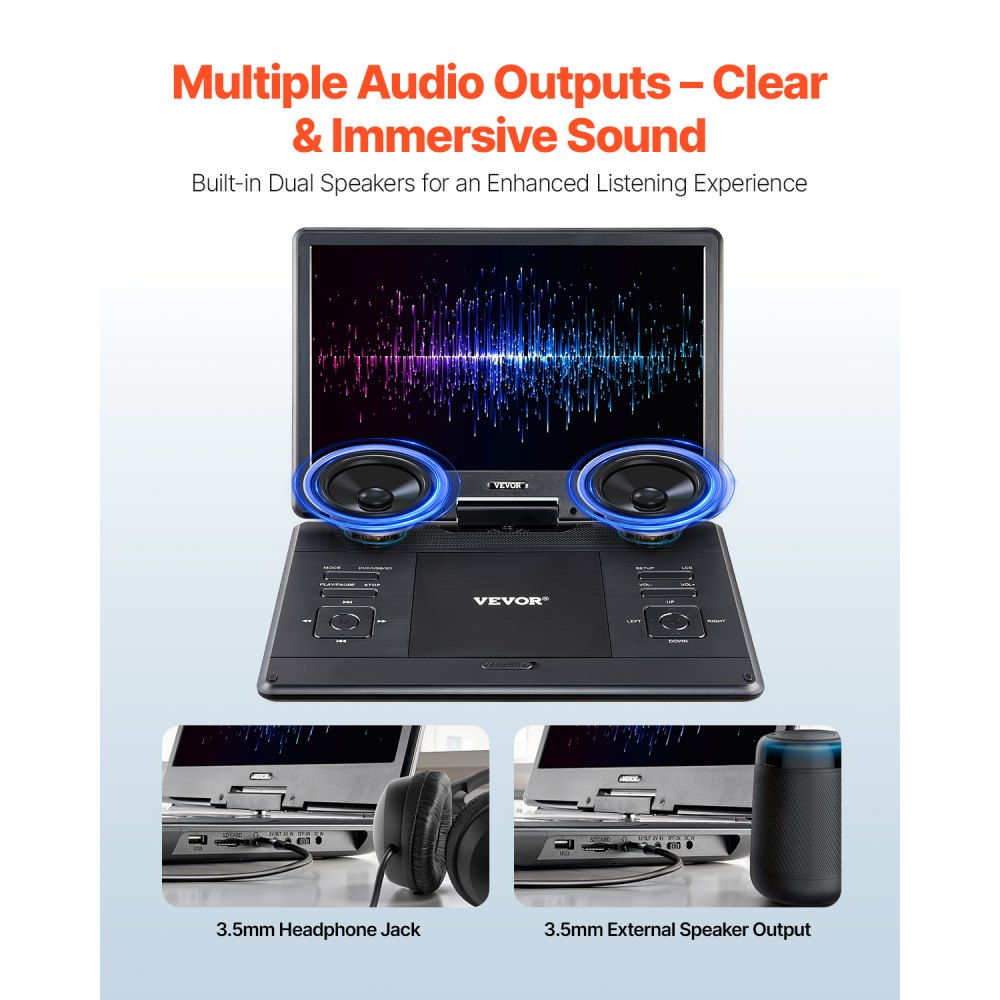 VEVOR Reproductor de DVD Portátil con Pantalla Giratoria de 358 mm, Reproductor de DVD de Viaje con Altavoces Duales, Compatible con Sincronización de TV/USB/Tarjeta SD/CD/DVD, Cargador de Coche