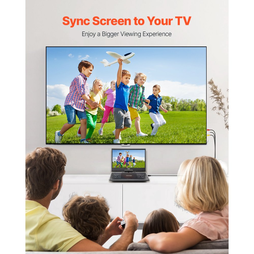 VEVOR Reproductor de DVD Portátil con Pantalla Giratoria de 358 mm, Reproductor de DVD de Viaje con Altavoces Duales, Compatible con Sincronización de TV/USB/Tarjeta SD/CD/DVD, Cargador de Coche