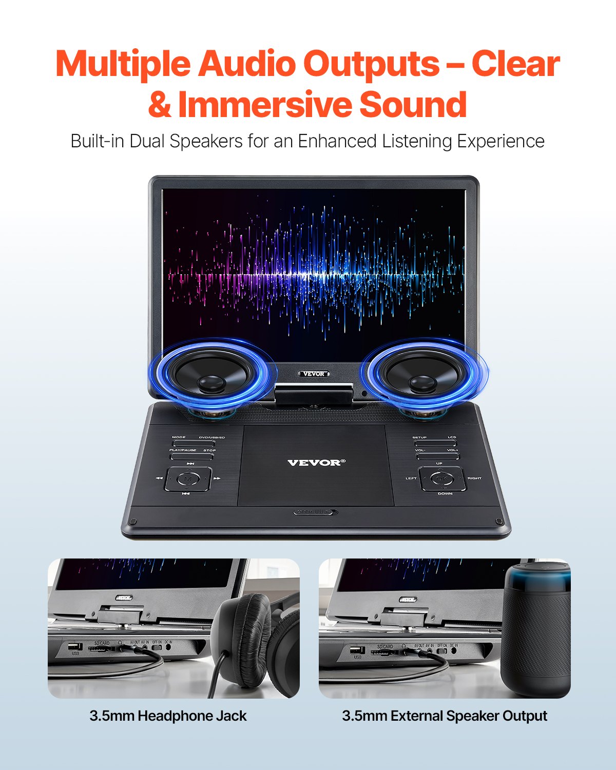 VEVOR Reproductor de DVD Portátil con Pantalla Giratoria de 358 mm, Reproductor de DVD de Viaje con Altavoces Duales, Compatible con Sincronización de TV/USB/Tarjeta SD/CD/DVD, Cargador de Coche
