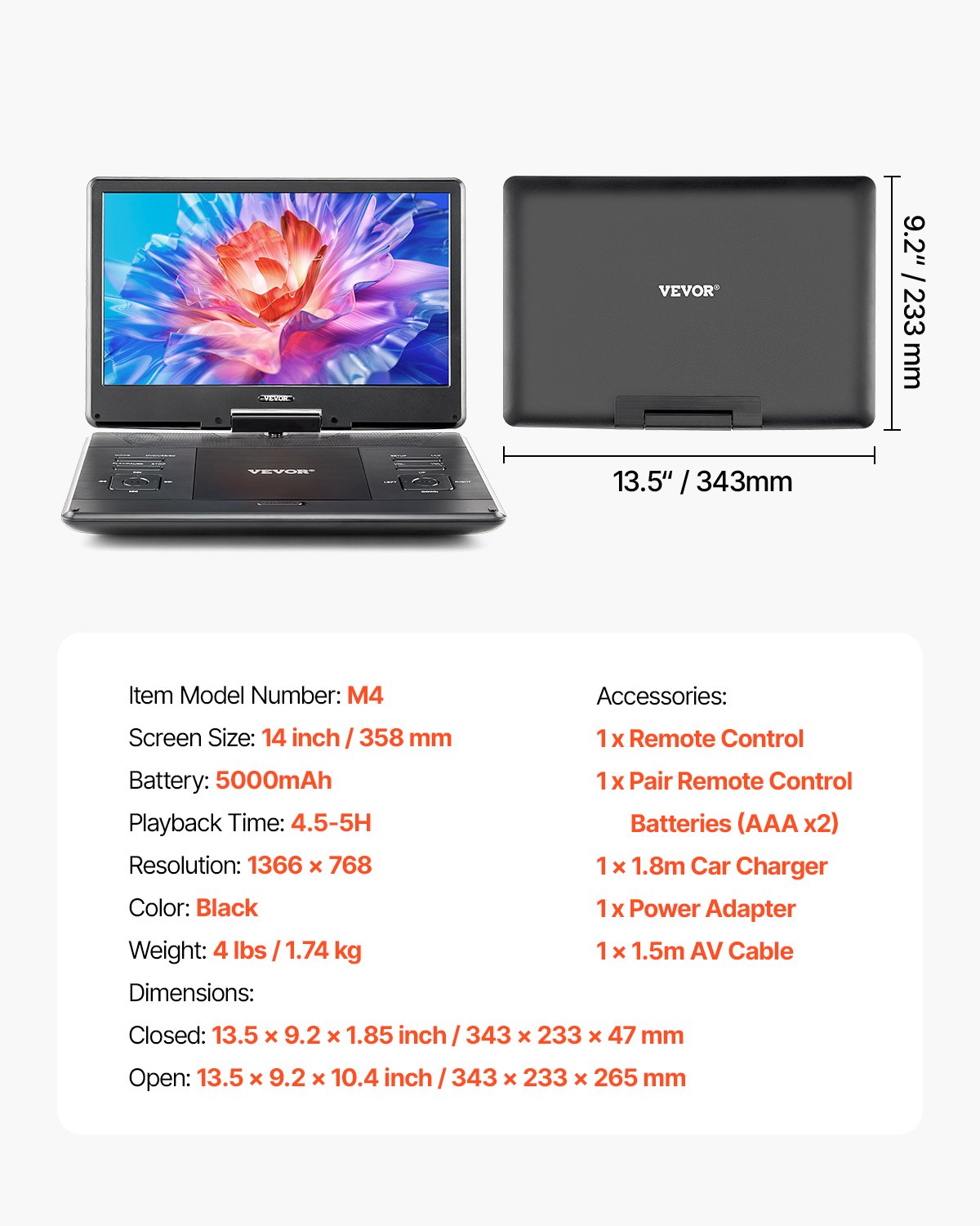 VEVOR Reproductor de DVD Portátil con Pantalla Giratoria de 358 mm, Reproductor de DVD de Viaje con Altavoces Duales, Compatible con Sincronización de TV/USB/Tarjeta SD/CD/DVD, Cargador de Coche