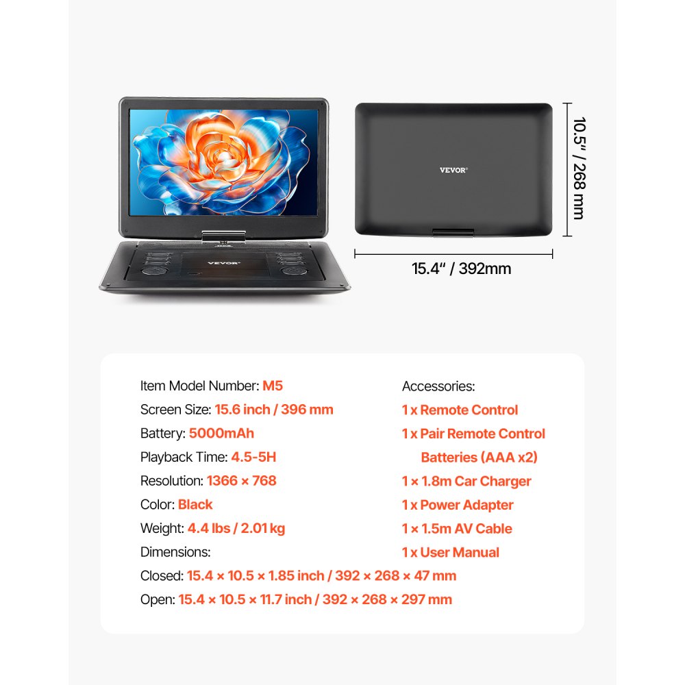 VEVOR Reproductor de DVD Portátil con Pantalla Giratoria de 396 mm, Reproductor de DVD de Viaje con Altavoces Duales, Compatible con Sincronización de TV/USB/Tarjeta SD/CD/DVD, Cargador de Coche