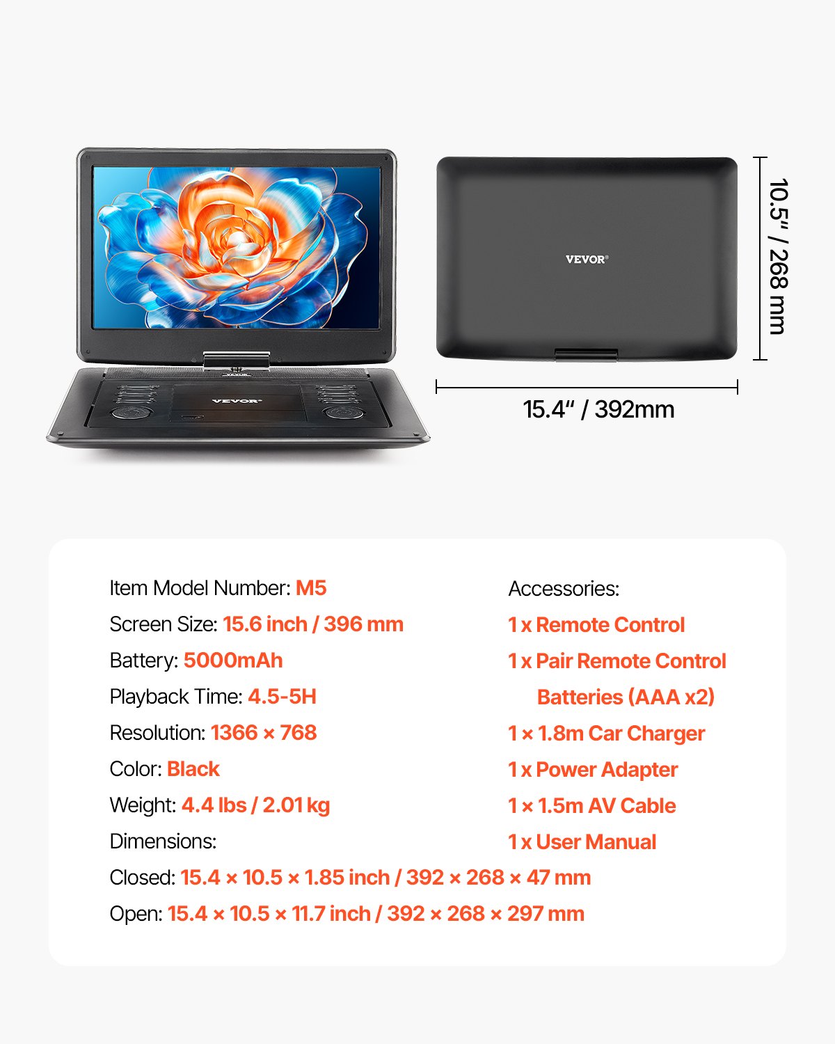 VEVOR Reproductor de DVD Portátil con Pantalla Giratoria de 396 mm, Reproductor de DVD de Viaje con Altavoces Duales, Compatible con Sincronización de TV/USB/Tarjeta SD/CD/DVD, Cargador de Coche