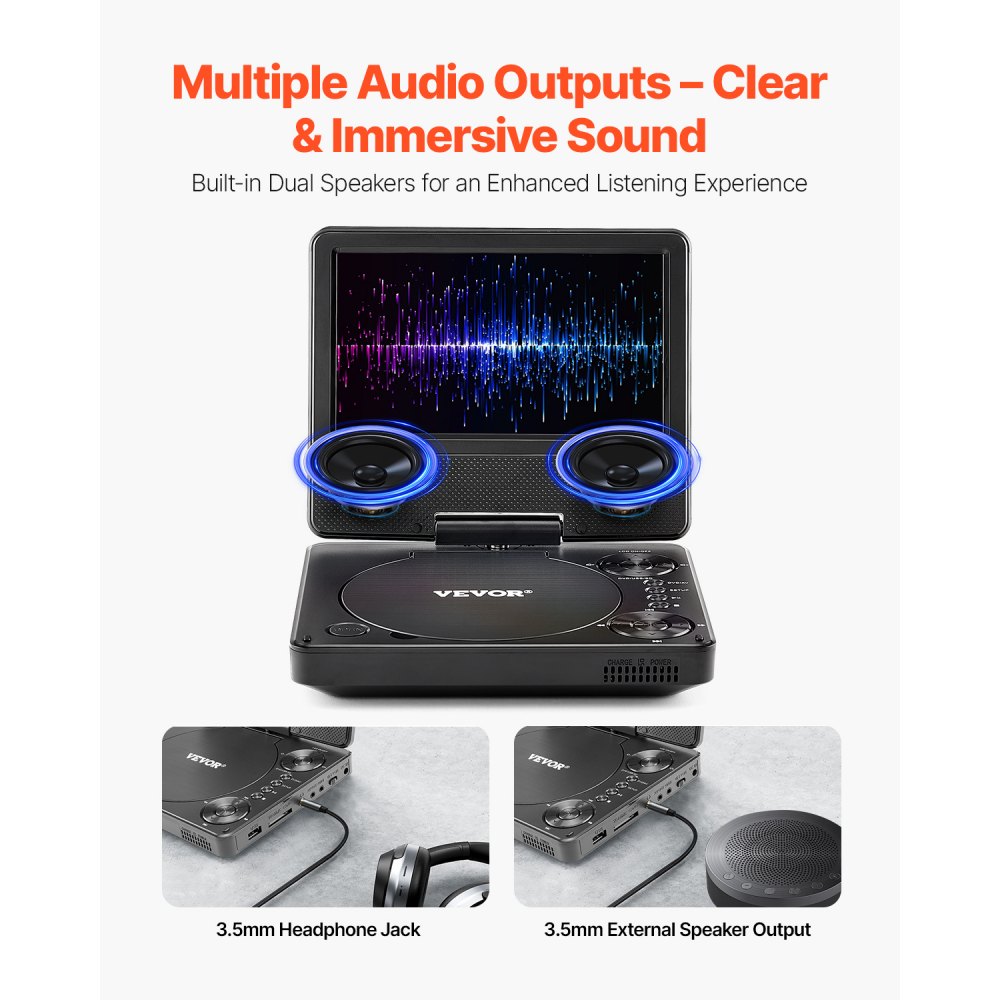 VEVOR Reproductor de DVD Portátil, Reproductor de DVD de Viaje con Pantalla Giratoria de 178 mm y Altavoces Duales, Compatible con Sincronización de TV/USB/Tarjeta SD/CD, Cargador de Coche