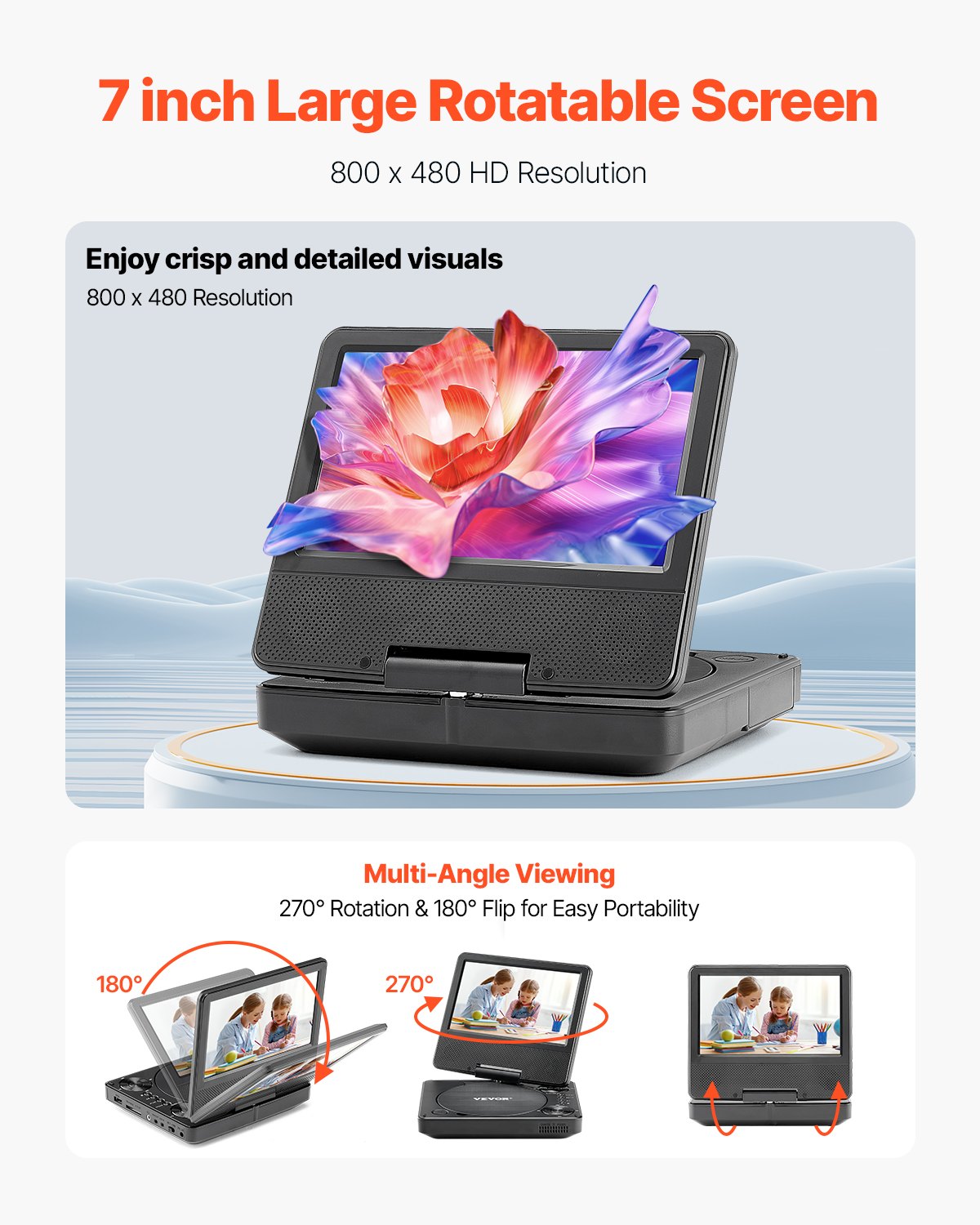 VEVOR Reproductor de DVD Portátil, Reproductor de DVD de Viaje con Pantalla Giratoria de 178 mm y Altavoces Duales, Compatible con Sincronización de TV/USB/Tarjeta SD/CD, Cargador de Coche