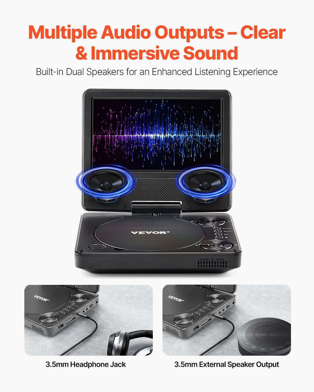 VEVOR Reproductor de DVD Portátil, Reproductor de DVD de Viaje con Pantalla Giratoria de 178 mm y Altavoces Duales, Compatible con Sincronización de TV/USB/Tarjeta SD/CD, Cargador de Coche