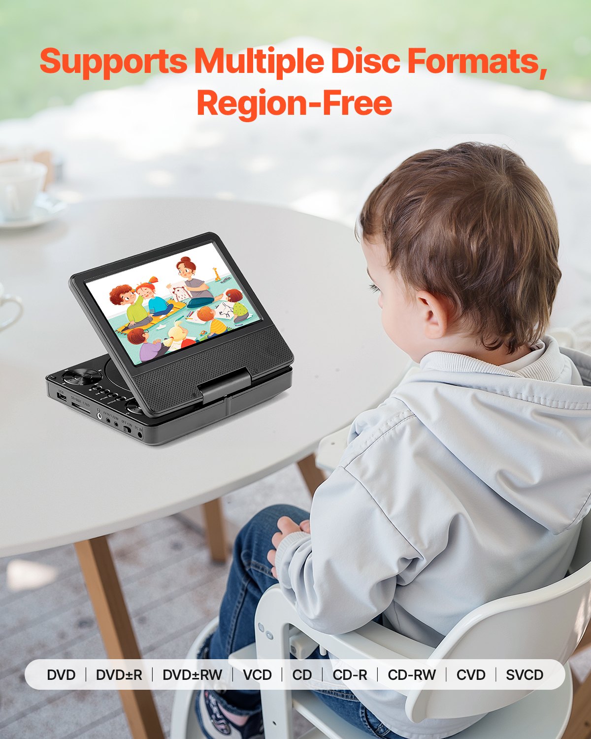 VEVOR Reproductor de DVD Portátil, Reproductor de DVD de Viaje con Pantalla Giratoria de 178 mm y Altavoces Duales, Compatible con Sincronización de TV/USB/Tarjeta SD/CD, Cargador de Coche