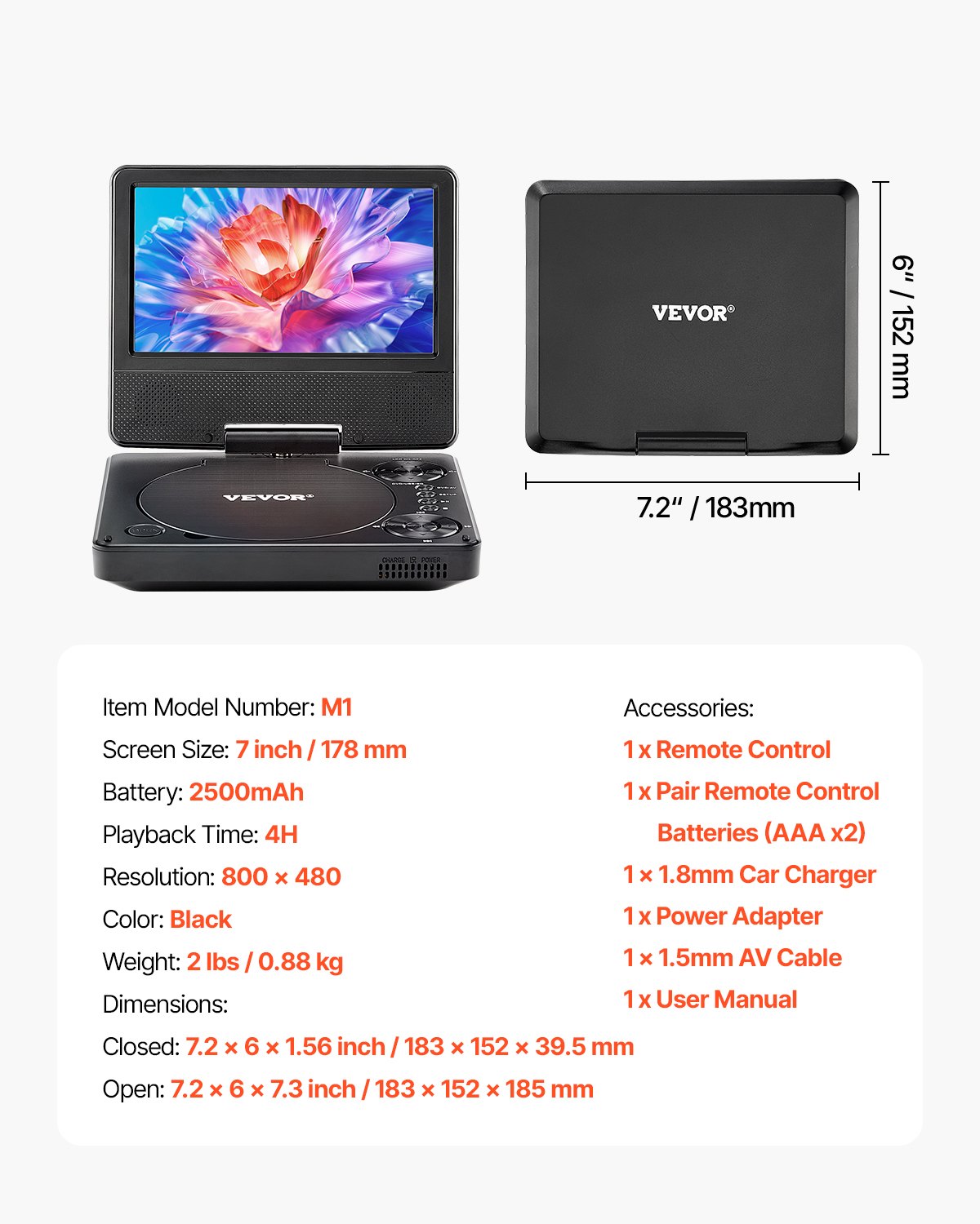 VEVOR Reproductor de DVD Portátil, Reproductor de DVD de Viaje con Pantalla Giratoria de 178 mm y Altavoces Duales, Compatible con Sincronización de TV/USB/Tarjeta SD/CD, Cargador de Coche
