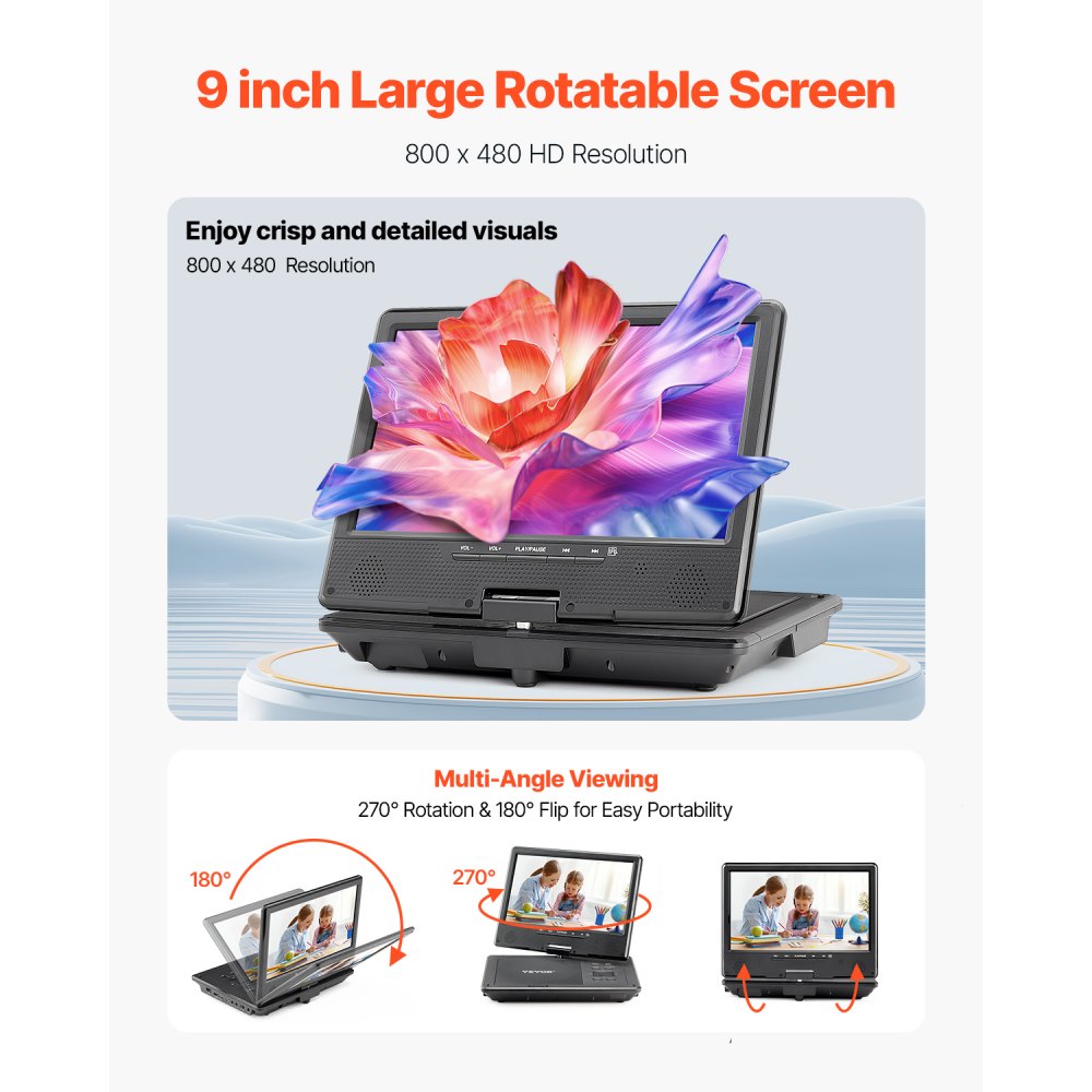 VEVOR Reproductor de DVD Portátil con Pantalla Giratoria de 228 mm, Reproductor de DVD de Viaje con Altavoces Duales, Compatible con Sincronización de TV/USB/Tarjeta SD/CD/DVD, Cargador de Coche