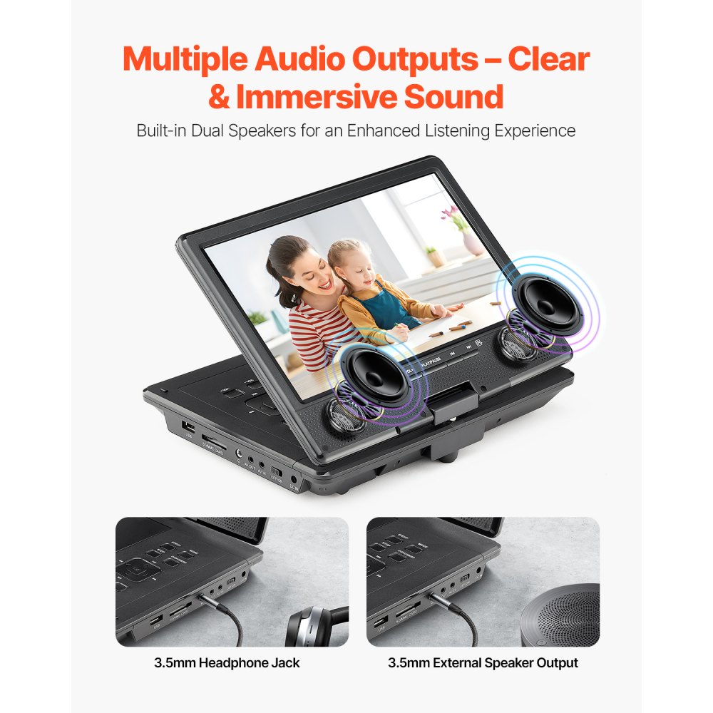 VEVOR Reproductor de DVD Portátil con Pantalla Giratoria de 228 mm, Reproductor de DVD de Viaje con Altavoces Duales, Compatible con Sincronización de TV/USB/Tarjeta SD/CD/DVD, Cargador de Coche