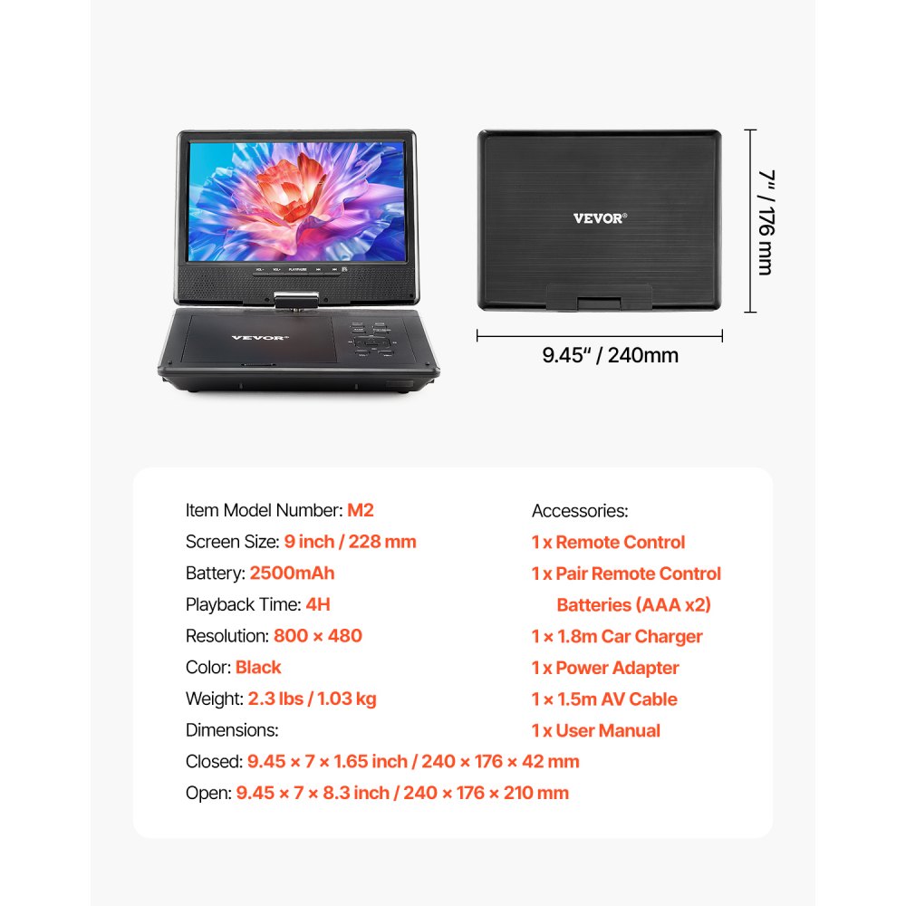 VEVOR Reproductor de DVD Portátil con Pantalla Giratoria de 228 mm, Reproductor de DVD de Viaje con Altavoces Duales, Compatible con Sincronización de TV/USB/Tarjeta SD/CD/DVD, Cargador de Coche