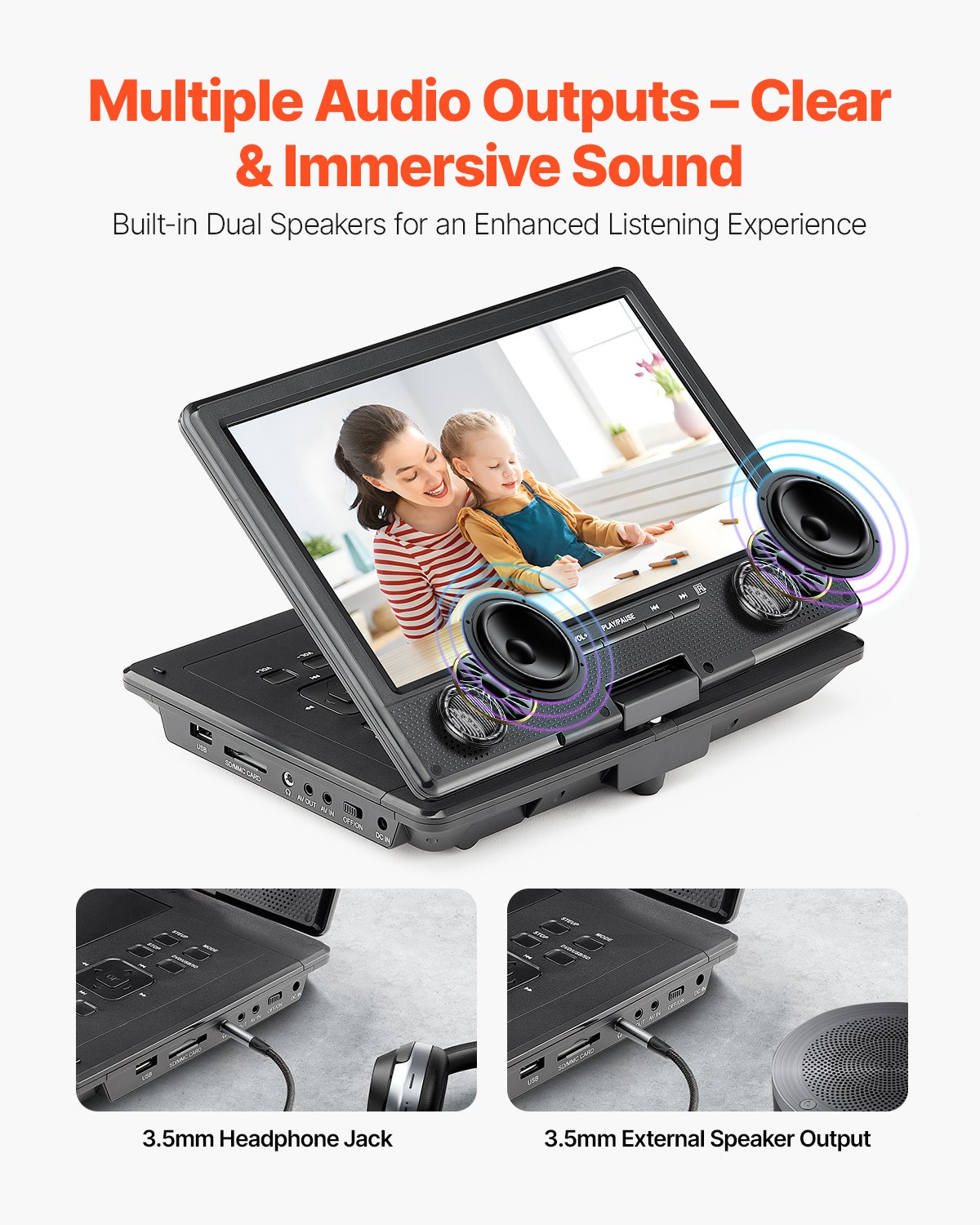 VEVOR Reproductor de DVD Portátil con Pantalla Giratoria de 228 mm, Reproductor de DVD de Viaje con Altavoces Duales, Compatible con Sincronización de TV/USB/Tarjeta SD/CD/DVD, Cargador de Coche