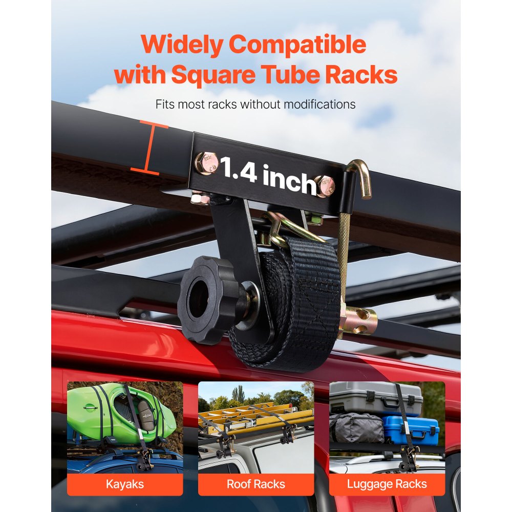 VEVOR Ladder Rack Ratchet Straps, Black Square Tube Mount, 38 mm Wide x 2.25 m Long Black Ladder Rack Straps with Double J-Hooks, 226.8 kg Load Heavy Duty, Cargo Buckle Lock Strap (8 Pack)