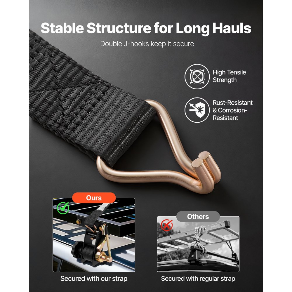 VEVOR Ladder Rack Ratchet Straps, Black Square Tube Mount, 38 mm Wide x 2.25 m Long Black Ladder Rack Straps with Double J-Hooks, 226.8 kg Load Heavy Duty, Cargo Buckle Lock Strap (8 Pack)