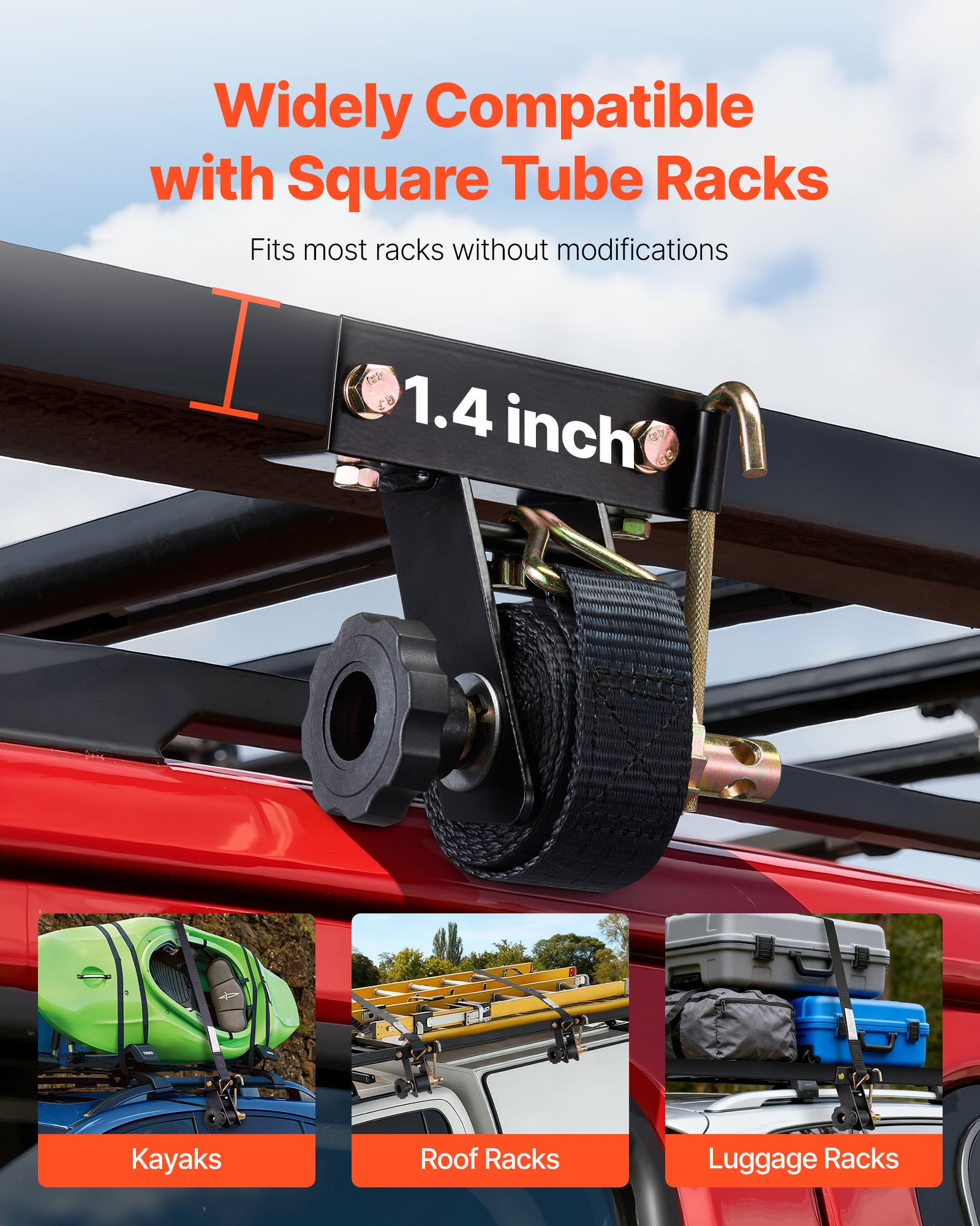 VEVOR Ladder Rack Ratchet Straps, Black Square Tube Mount, 38 mm Wide x 2.25 m Long Black Ladder Rack Straps with Double J-Hooks, 226.8 kg Load Heavy Duty, Cargo Buckle Lock Strap (8 Pack)