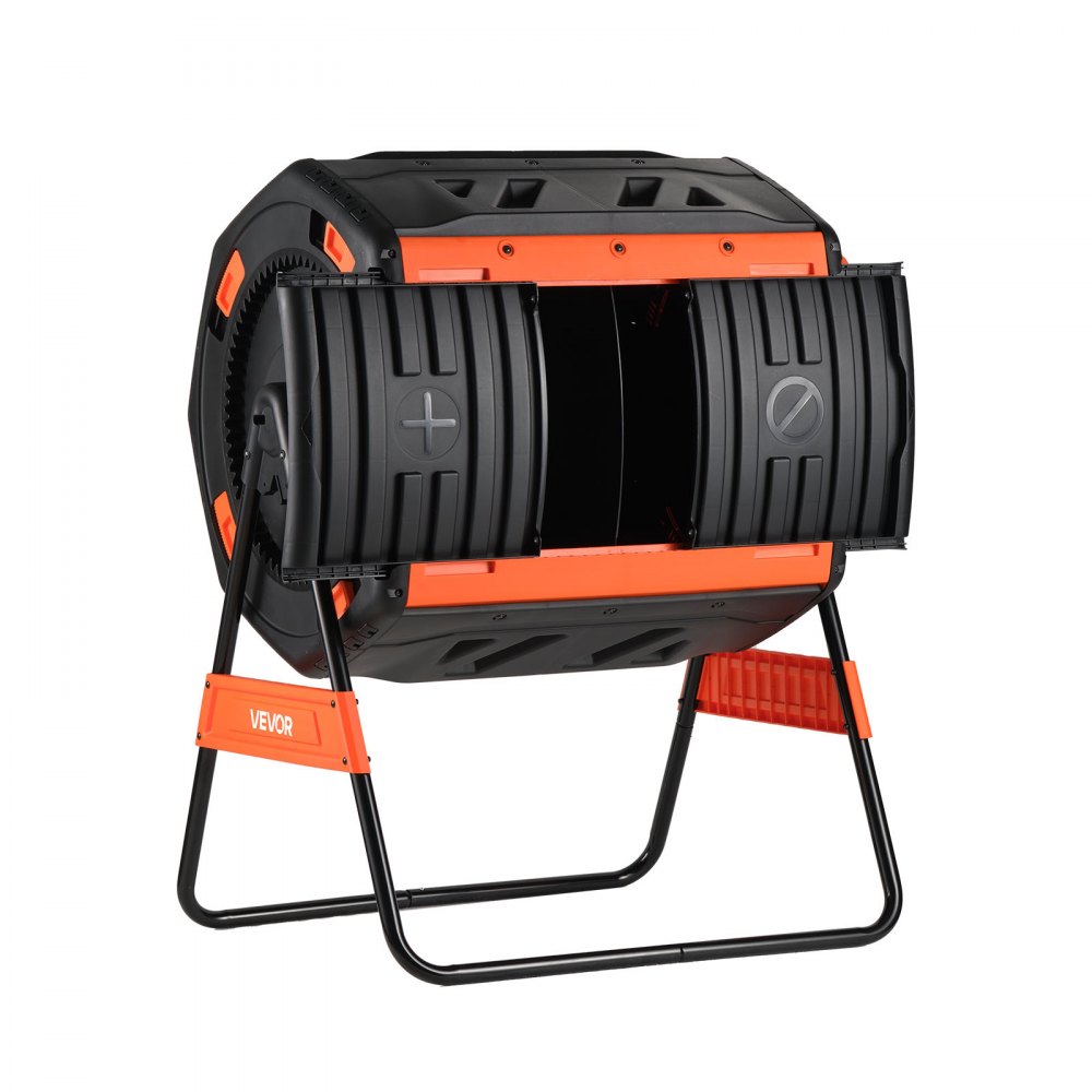 VEVOR Contenedor Giratorio para Compostaje 200 L Cámara Doble, Compostador de Compostaje Rotación Asistida por Manivela, Barril de Plástico, Estructura de Acero para Residuos de Exterior, Jardín