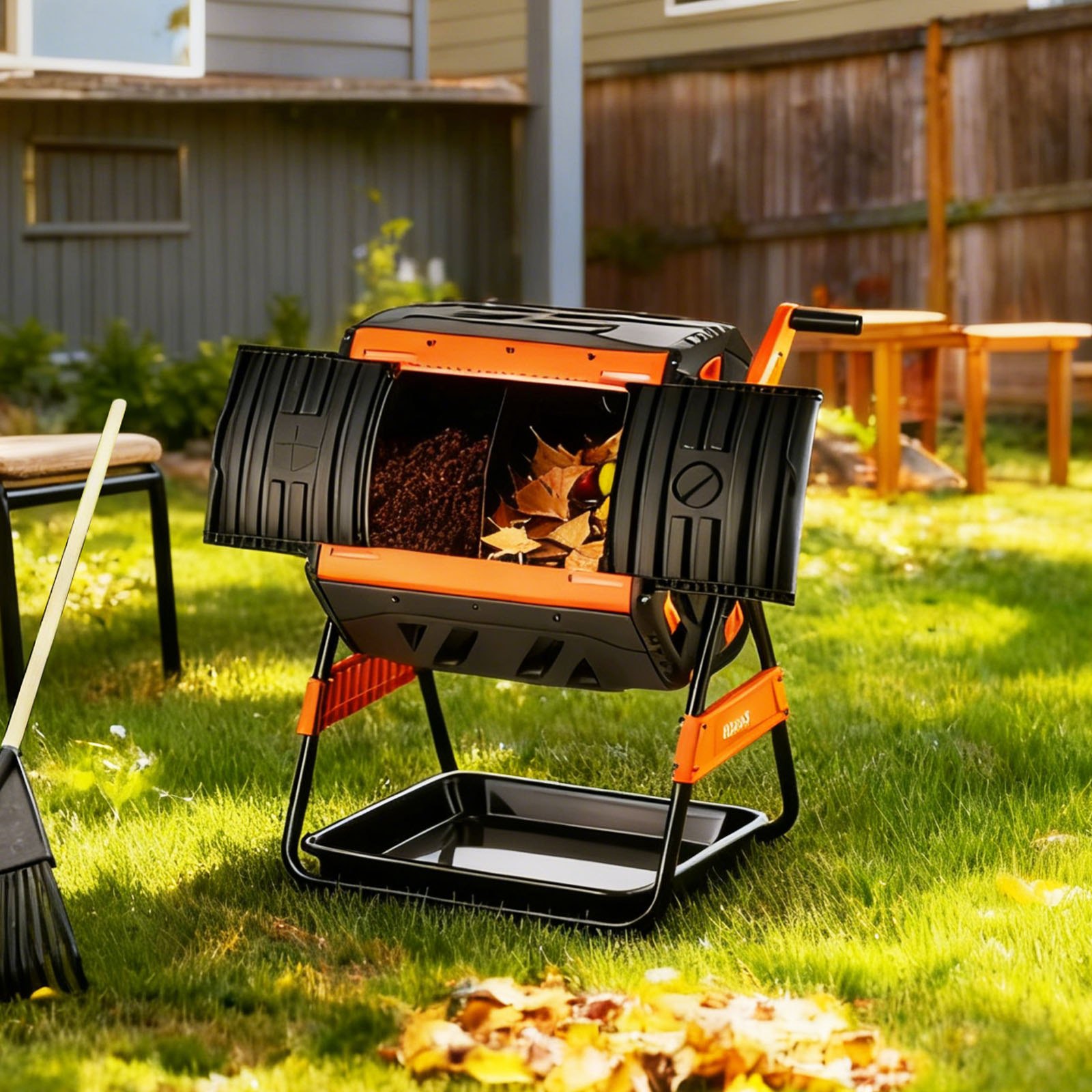 VEVOR Contenedor Giratorio para Compostaje 200 L Cámara Doble, Compostador de Compostaje Rotación Asistida por Manivela, Barril de Plástico, Estructura de Acero para Residuos de Exterior, Jardín