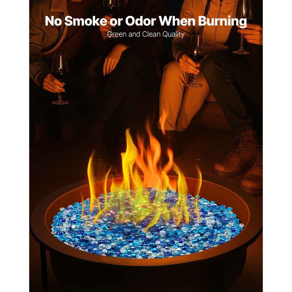 VEVOR Piedras de Vidrio para Chimenea, 4,5 kg, sin Humo, con Cuentas Reflectantes de 19,05 mm, para Mesa de Fogata, Diseño de Piedra de Alto Brillo, Azul Cobalto, Azul Caribeño y Transparente