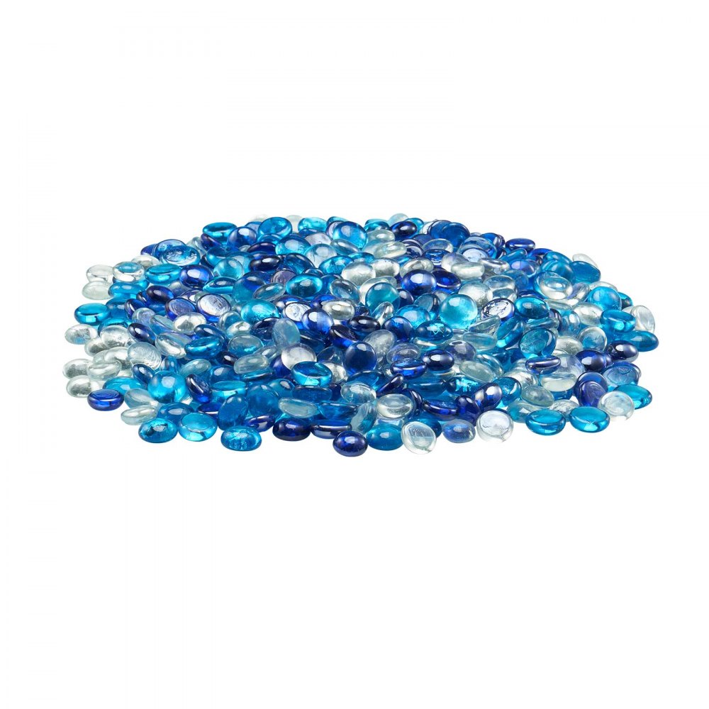 VEVOR Piedras de Vidrio para Chimenea, 4,5 kg, sin Humo, con Cuentas Reflectantes de 19,05 mm, para Mesa de Fogata, Diseño de Piedra de Alto Brillo, Azul Cobalto, Azul Caribeño y Transparente