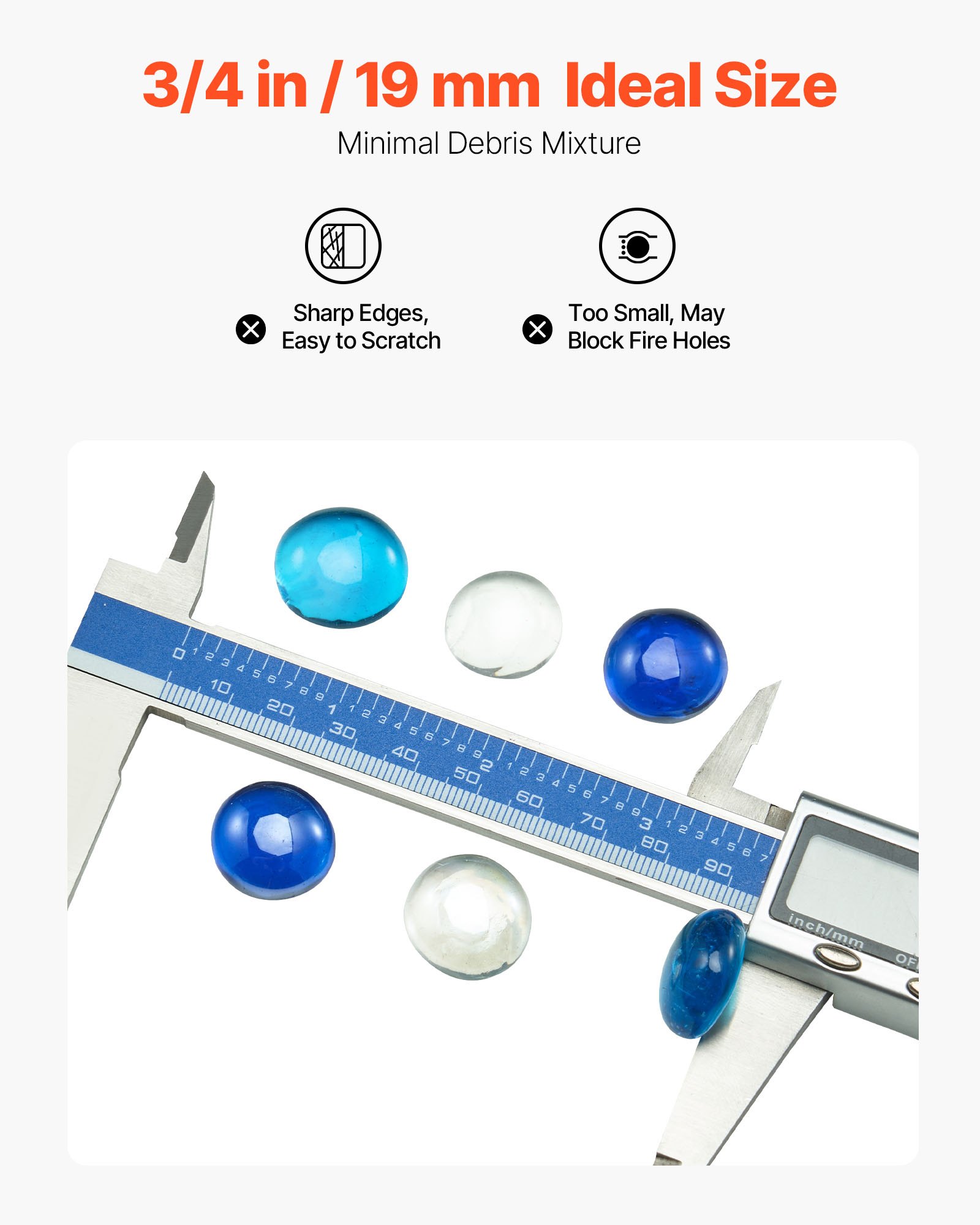 VEVOR Piedras de Vidrio para Chimenea, 4,5 kg, sin Humo, con Cuentas Reflectantes de 19,05 mm, para Mesa de Fogata, Diseño de Piedra de Alto Brillo, Azul Cobalto, Azul Caribeño y Transparente