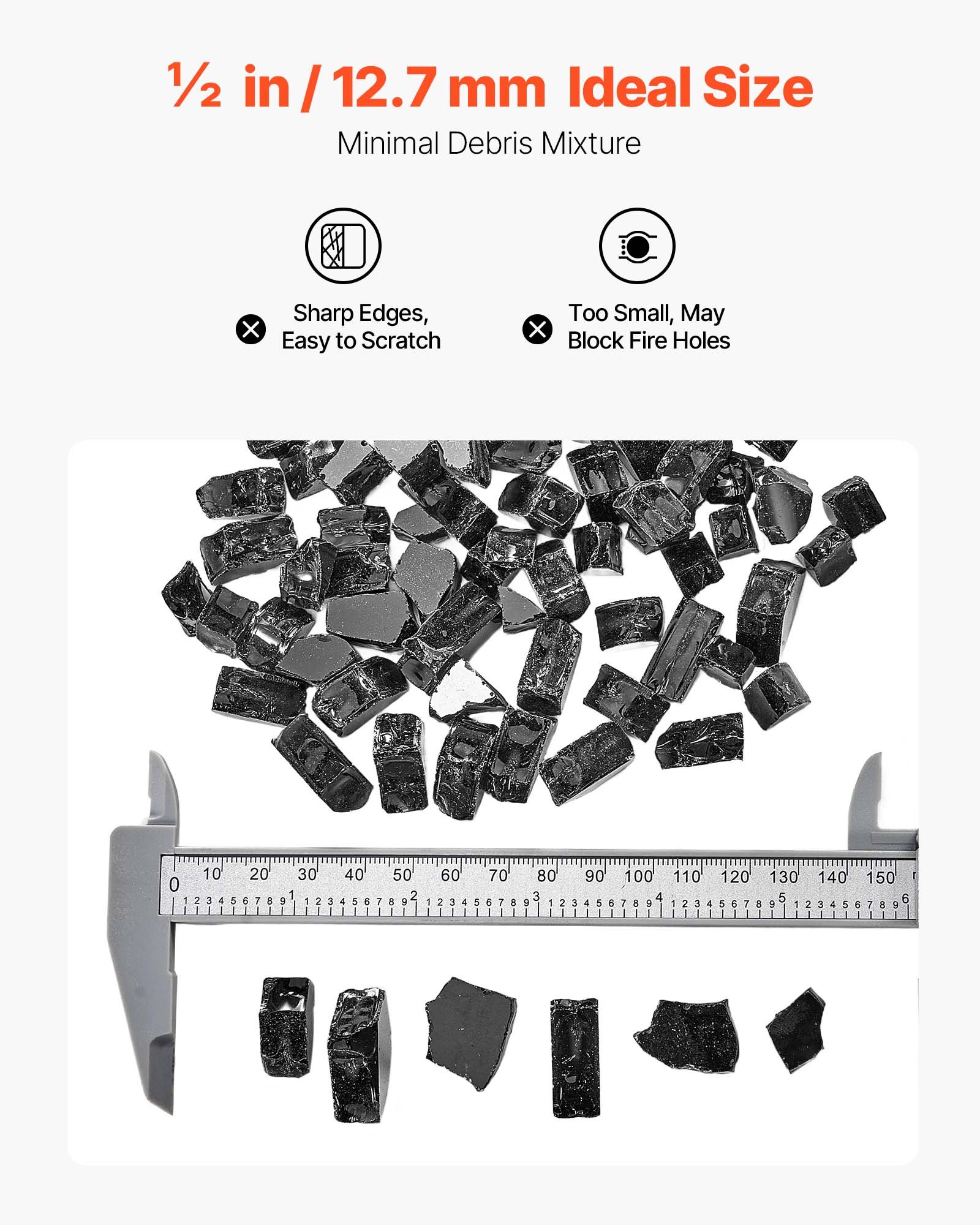 VEVOR Piedras de Vidrio Triturado Reflectante para Chimenea Resistentes a Altas Temperaturas 600 ℃, 9 kg, 12,7 mm, sin Humo, Color Negro, Ideales para Mesa de Fogón, Fogatas, Chimeneas y Jardines