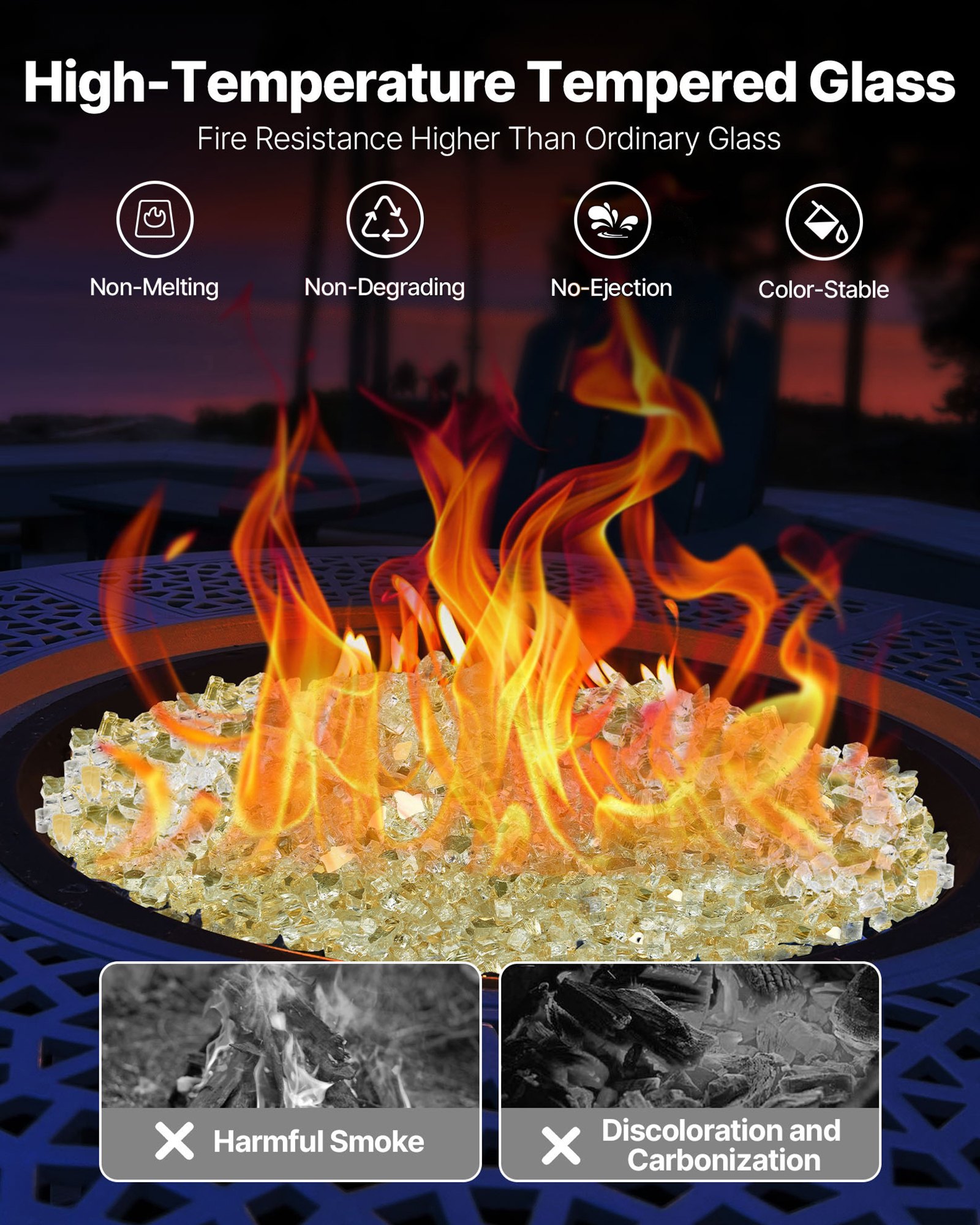 VEVOR Fire Glass, 10 LBS / 4.5 KG High-Temperature Resistant Fireplace Rocks, 1/2-Inch / 12.7 mm Reflective & Smokeless Firepit Glass Rock, High Luster Stone Landscaping for Fire Pit Table, Gold