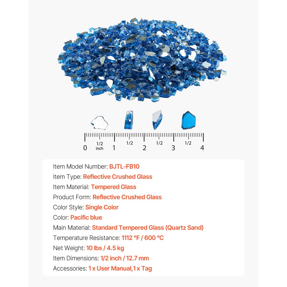 VEVOR Piedras de Vidrio Triturado Reflectante a Chimenea Resistentes a Altas Temperaturas, 4,5 kg, 12,7 mm, sin Humo, para Paisajismo de Piedra de Alto Brillo para Mesas de Fogata, Azul Pacífico