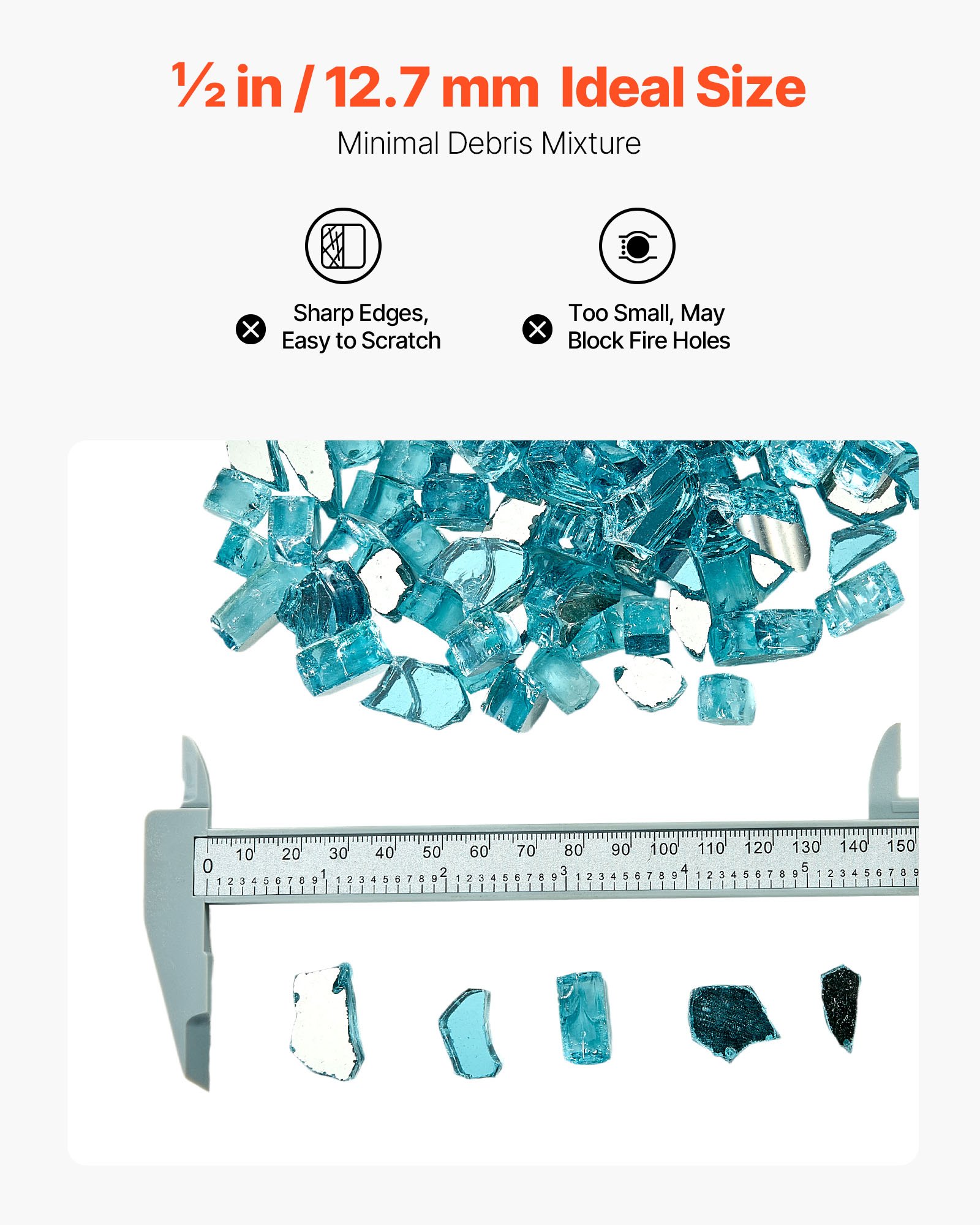 VEVOR Piedras de Vidrio Triturado Reflectante para Chimenea Resistentes a Altas Temperaturas, 4,5 kg, 12,7 mm, sin Humo, para Paisajismo de Piedra de Alto Brillo para Mesas de Fogata, Azul Agua
