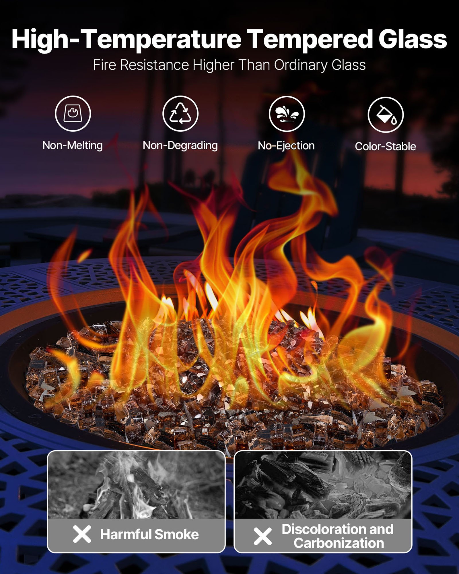 VEVOR Fire Glass, 20 LBS / 9.0 KG High-Temperature Resistant Fireplace Rocks, 1/2-Inch / 12.7 mm Reflective & Smokeless Firepit Glass Rock, High Luster Stone Landscaping for Fire Pit Table, Copper