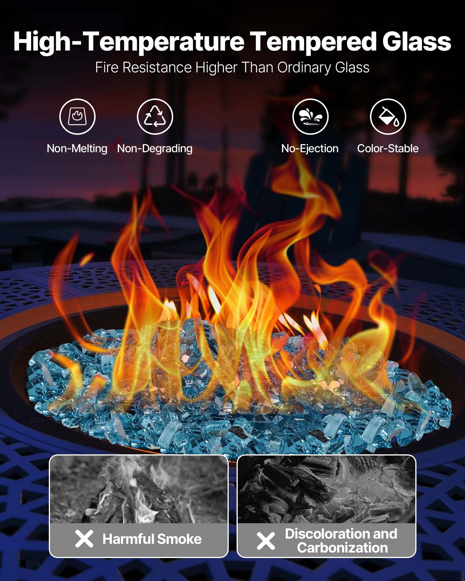 VEVOR Fire Glass, 20 LBS / 9 KG High-Temperature Resistant Fireplace Rocks, 1/2-Inch / 12.7 mm Reflective & Smokeless Firepit Glass Rock, High Luster Stone Landscaping for Fire Pit Table, Aqua Blue