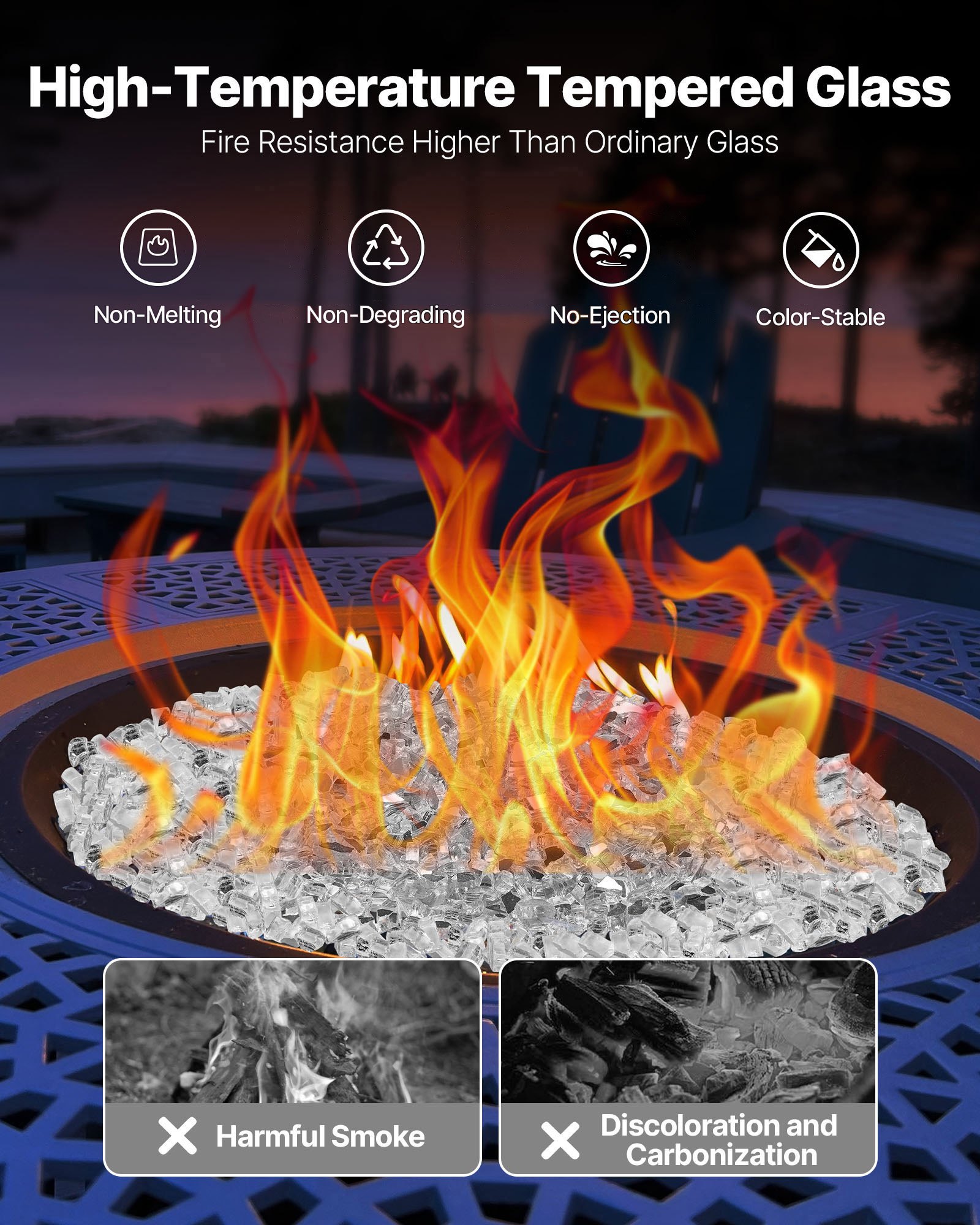 VEVOR Fire Glass, 10 LBS / 4.5 KG High-Temperature Resistant Fireplace Rocks, 1/2-Inch / 12.7 mm Reflective & Smokeless Firepit Glass Rock, High Luster Stone Landscaping for Fire Pit Table, Clear