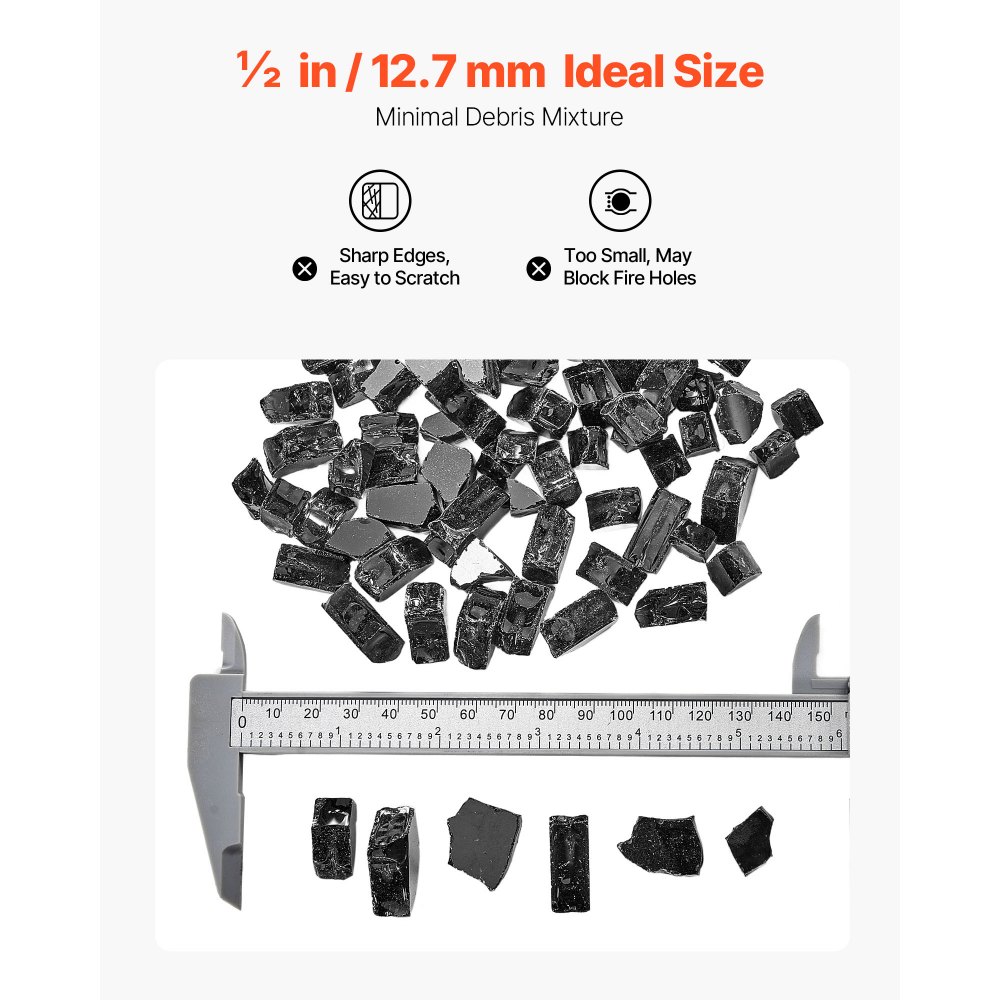 VEVOR Piedras de Vidrio Triturado Reflectante para Chimenea Resistentes a Altas Temperaturas, 4,5 kg, 12,7 mm, sin Humo, para Paisajismo de Piedra de Alto Brillo para Mesas de Fogata, Color Negro