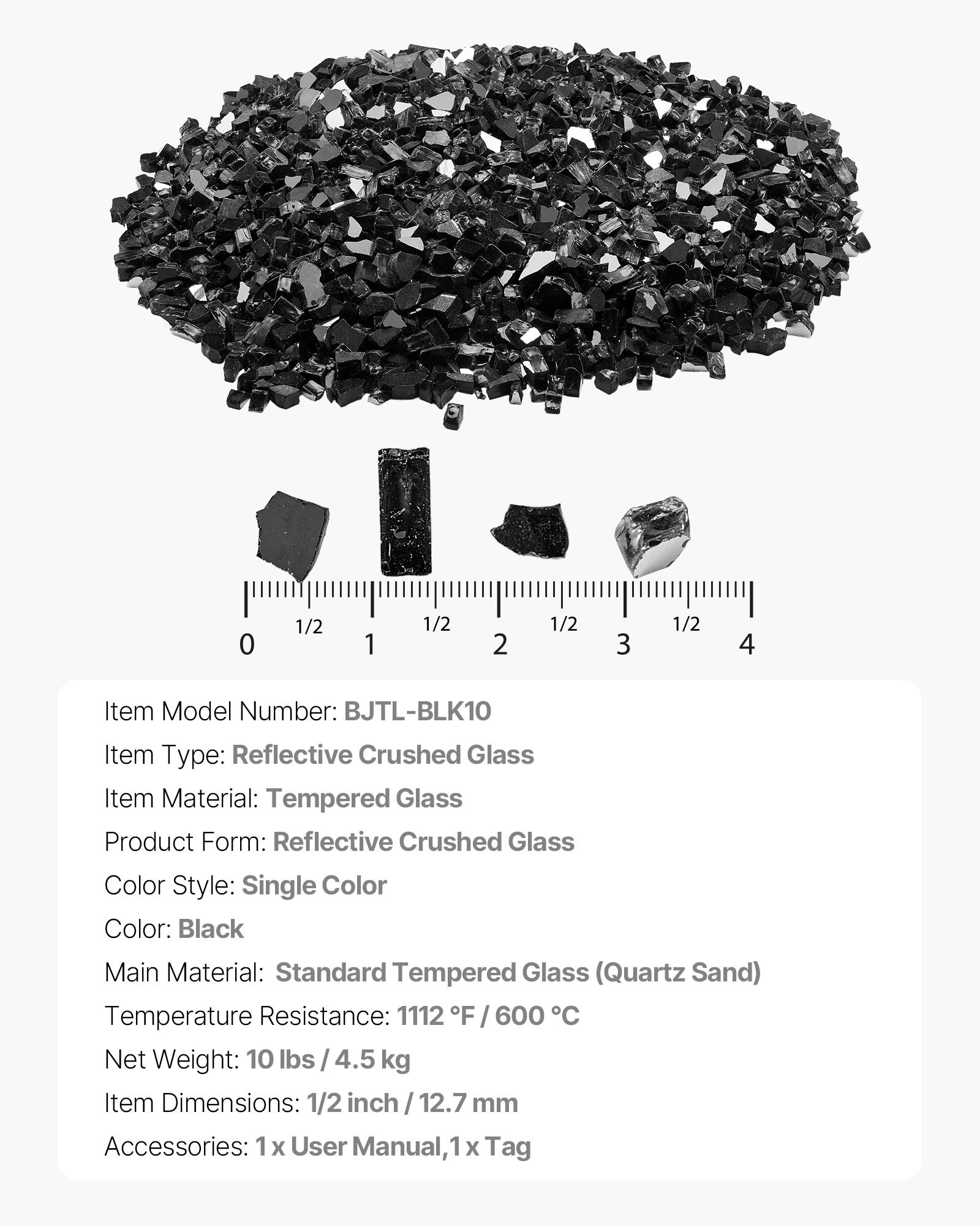 VEVOR Piedras de Vidrio Triturado Reflectante para Chimenea Resistentes a Altas Temperaturas, 4,5 kg, 12,7 mm, sin Humo, para Paisajismo de Piedra de Alto Brillo para Mesas de Fogata, Color Negro